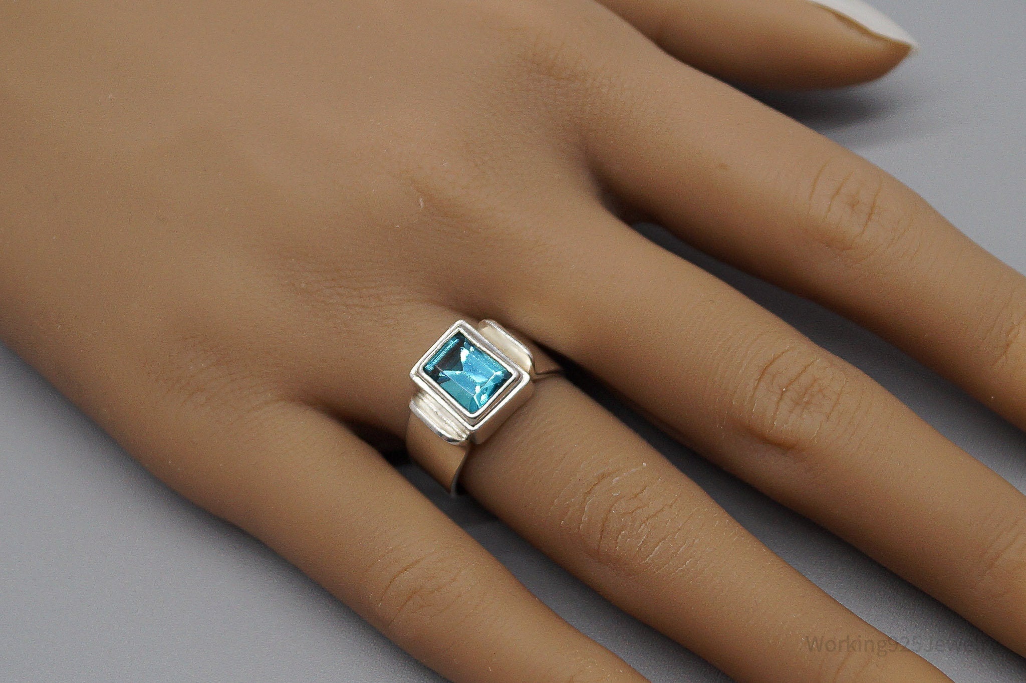 Vintage Blue Topaz Modernist Style Sterling Silver Ring - Size 7