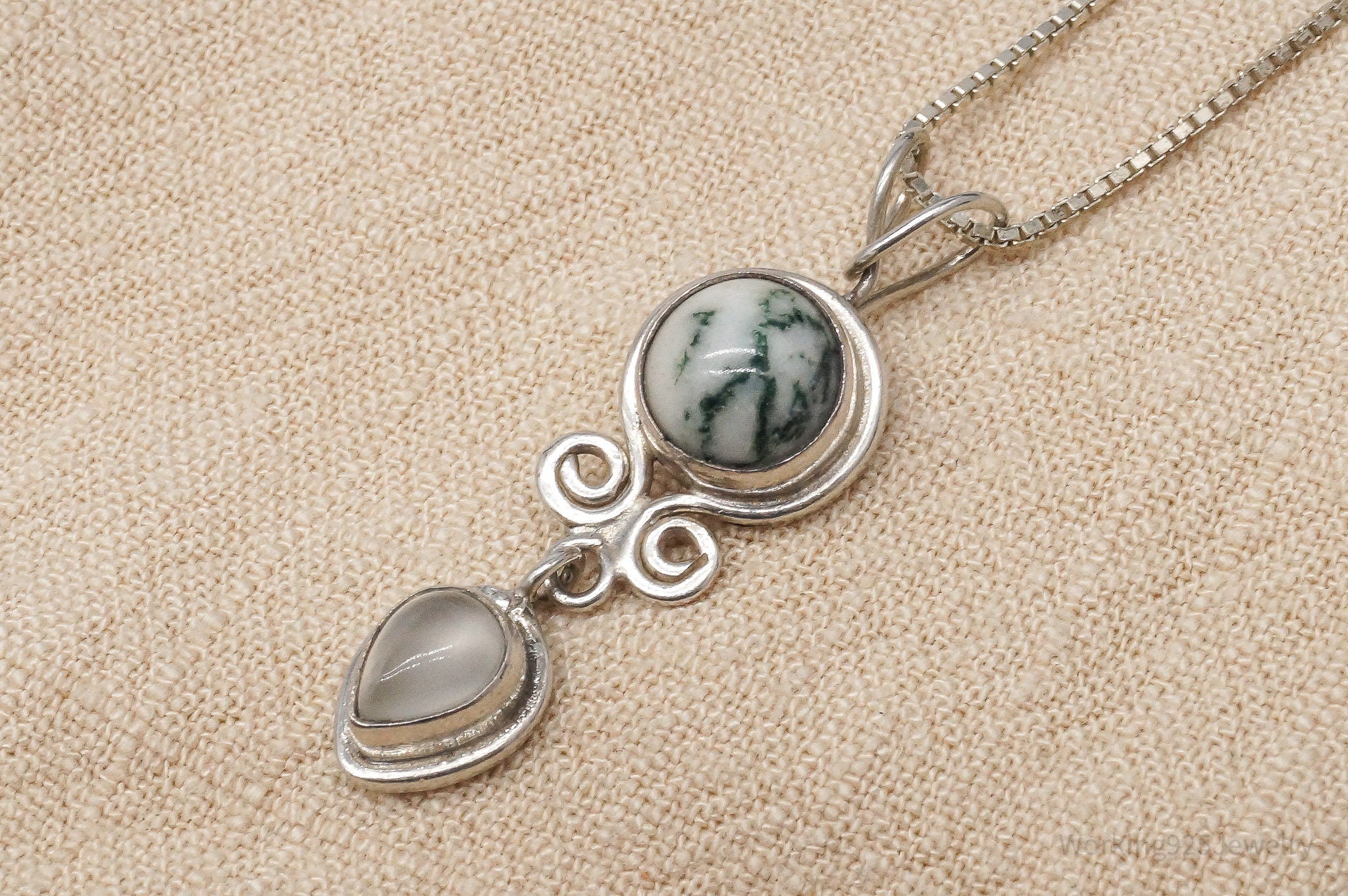 Vintage SAJEN Tree Agate & White Moonstone Sterling Silver Necklace 18"