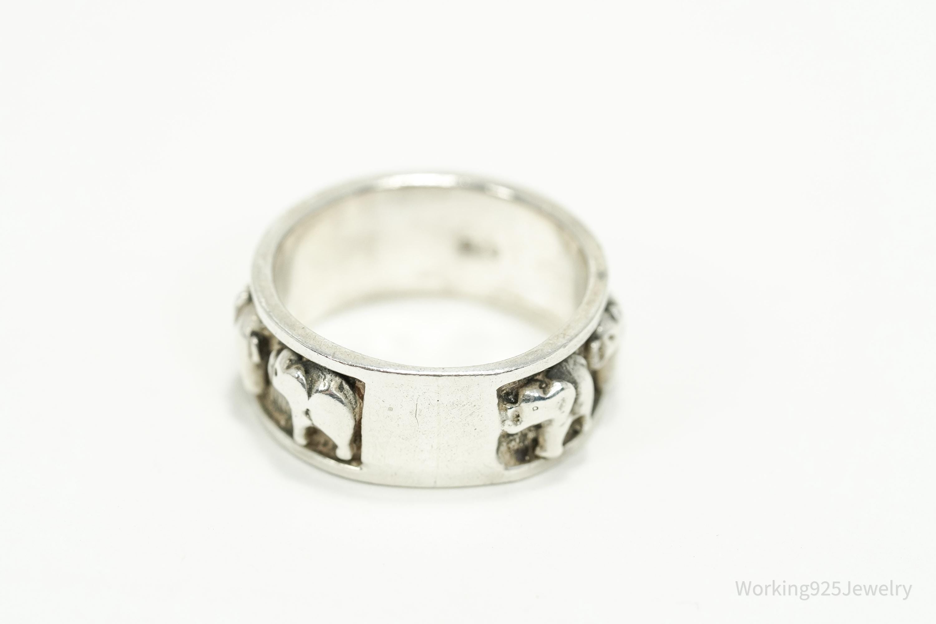 Vintage Elephants Sterling Silver Band Ring - Size 8.75