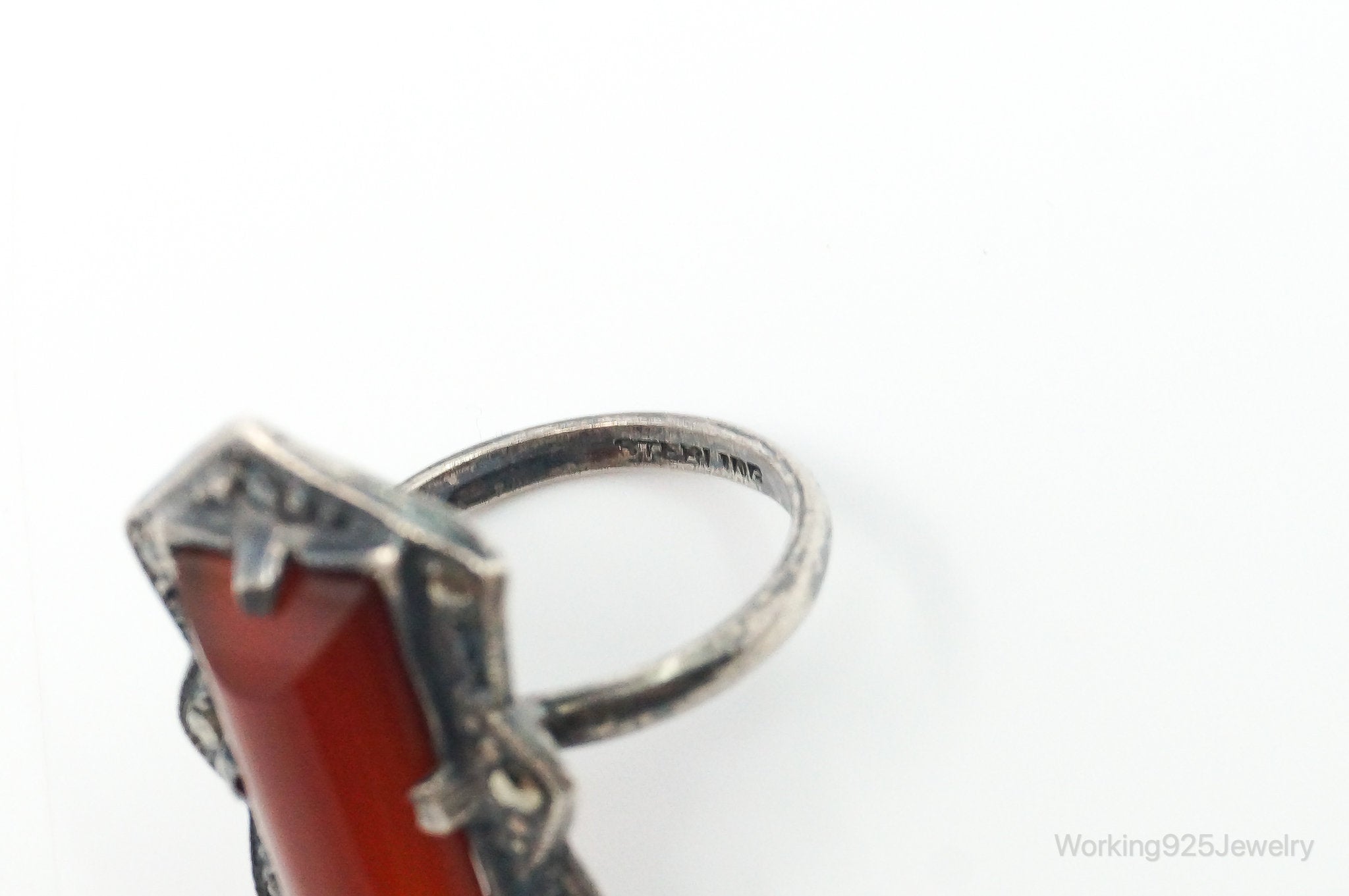 Antique Victorian Carnelian Marcasite Sterling Silver Ring - SZ 4.75