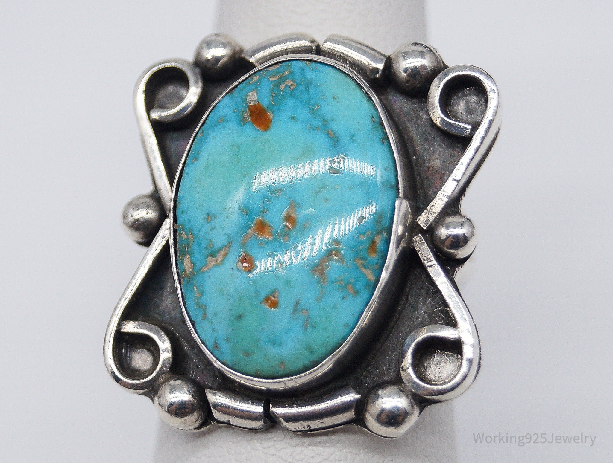 Vintage Handmade Native American Turquoise Unsigned Silver Ring - Size 6.75