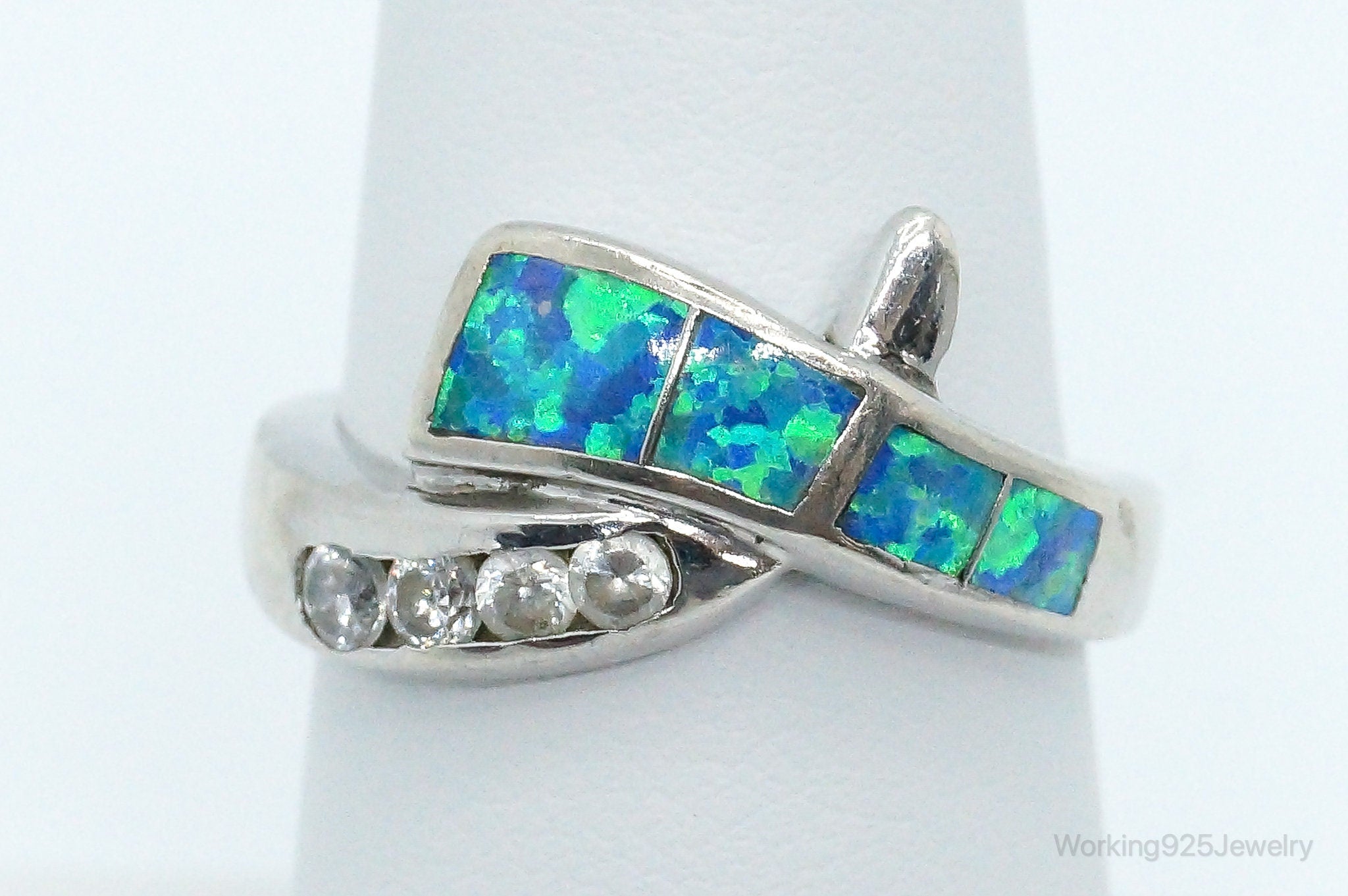 Designer AK Cubic Zirconia Opal Sterling Silver Ring - Size 7