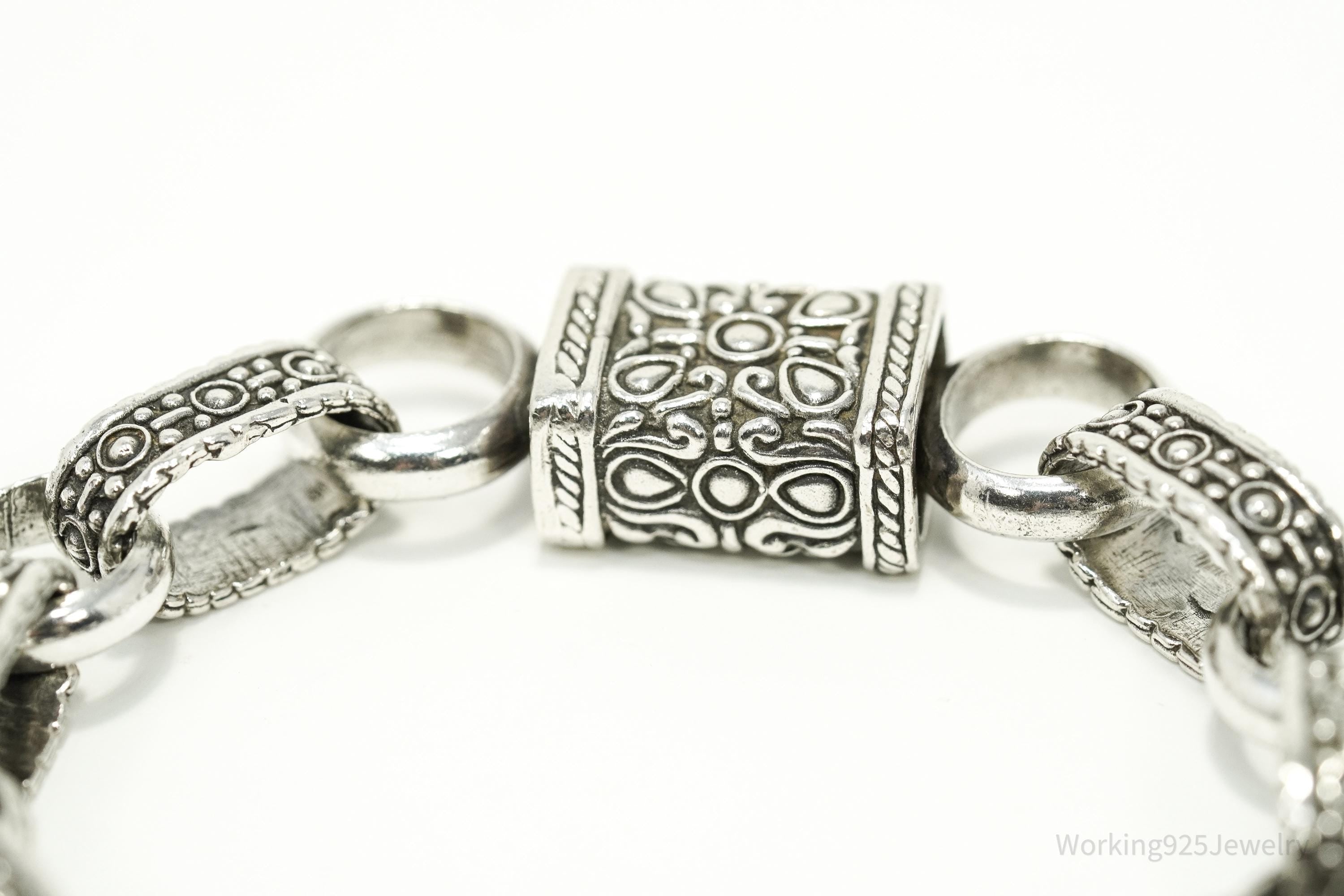 Vintage Ornate Filigree Design Large Link Silver Chain Bracelet 8"
