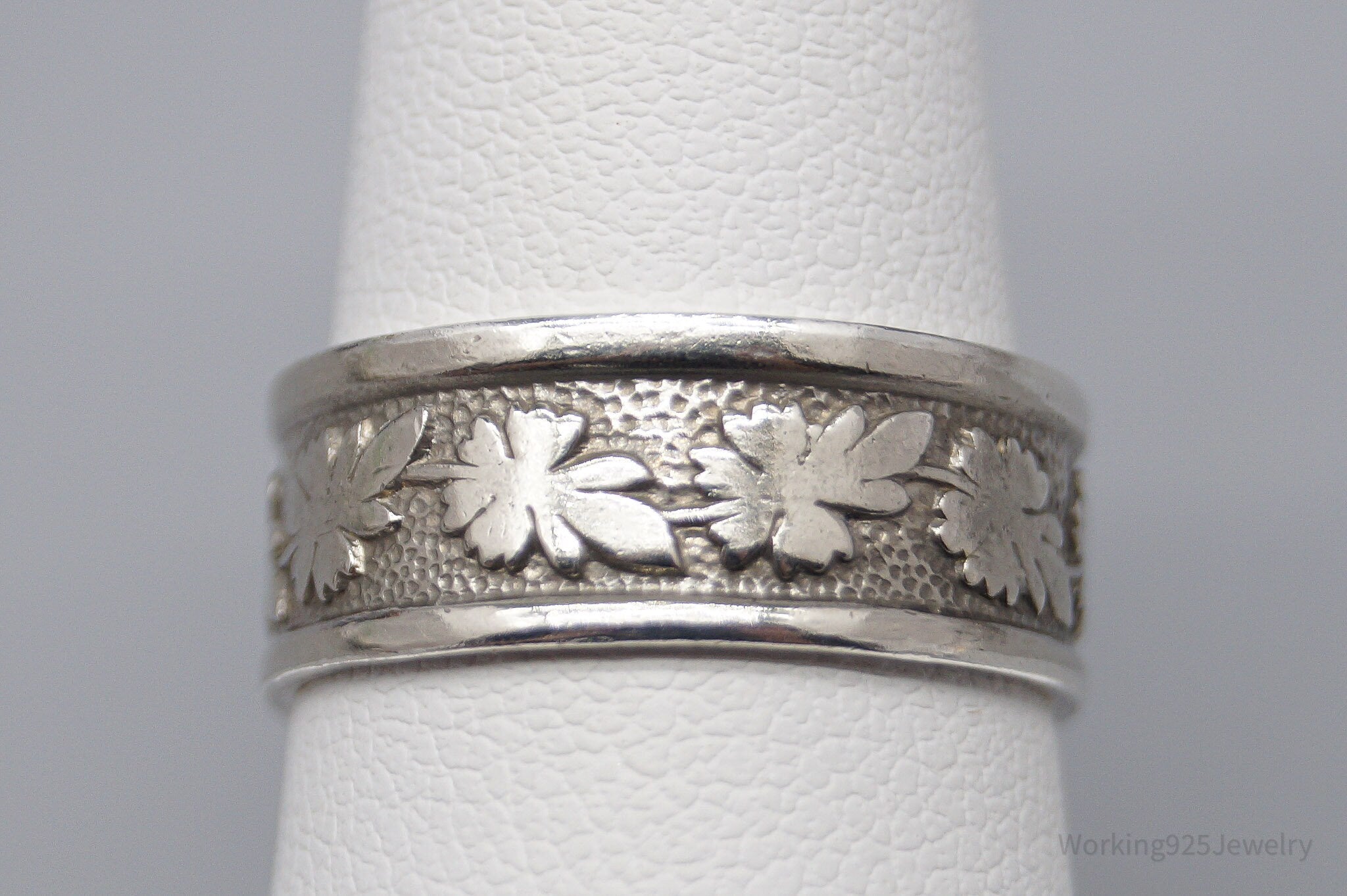 Vintage ESPO Leaves Pattern Sterling Silver Band Ring - Size 7.25
