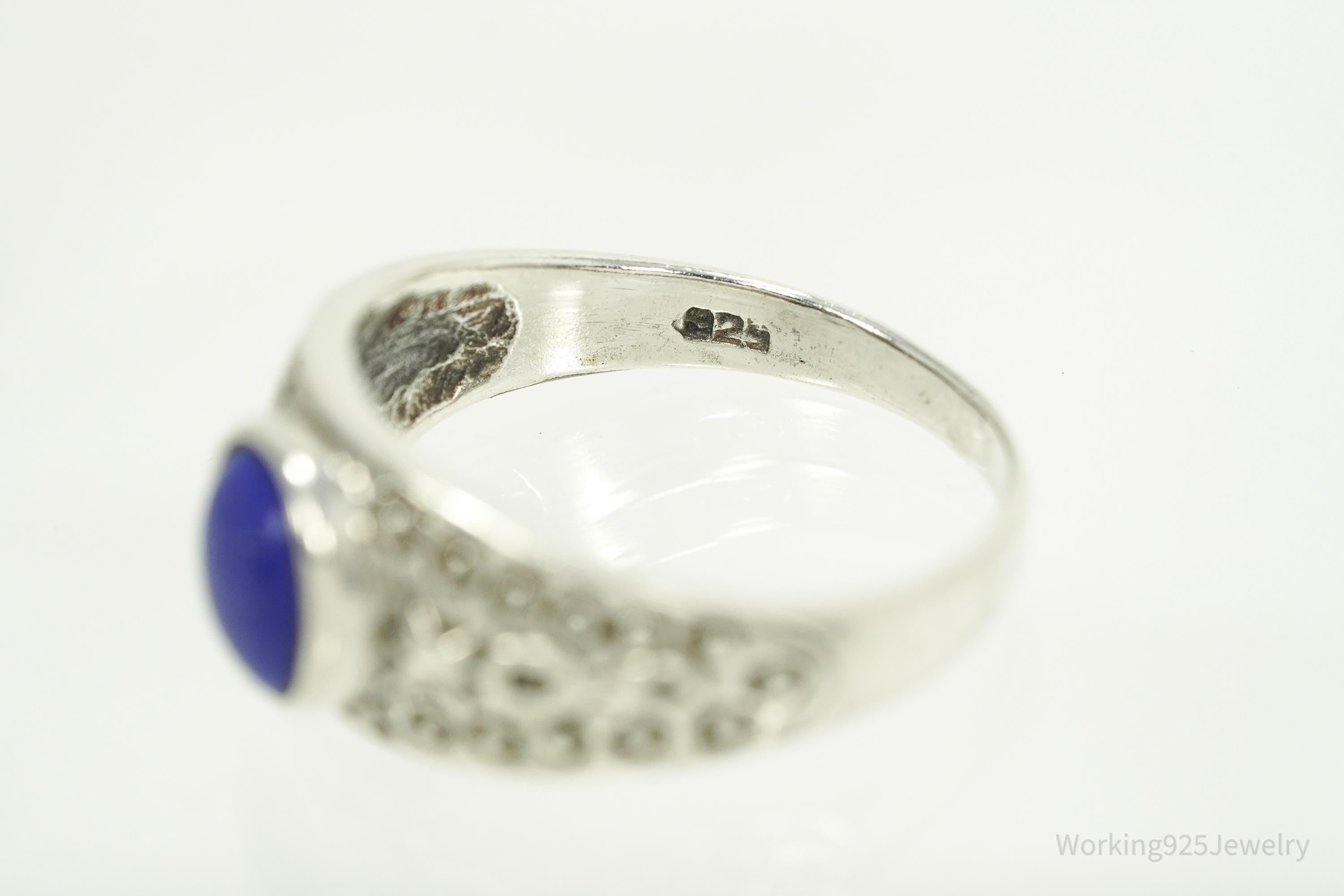 Vintage Lapis Lazuli Viking Style Sterling Silver Ring - Size 11.25