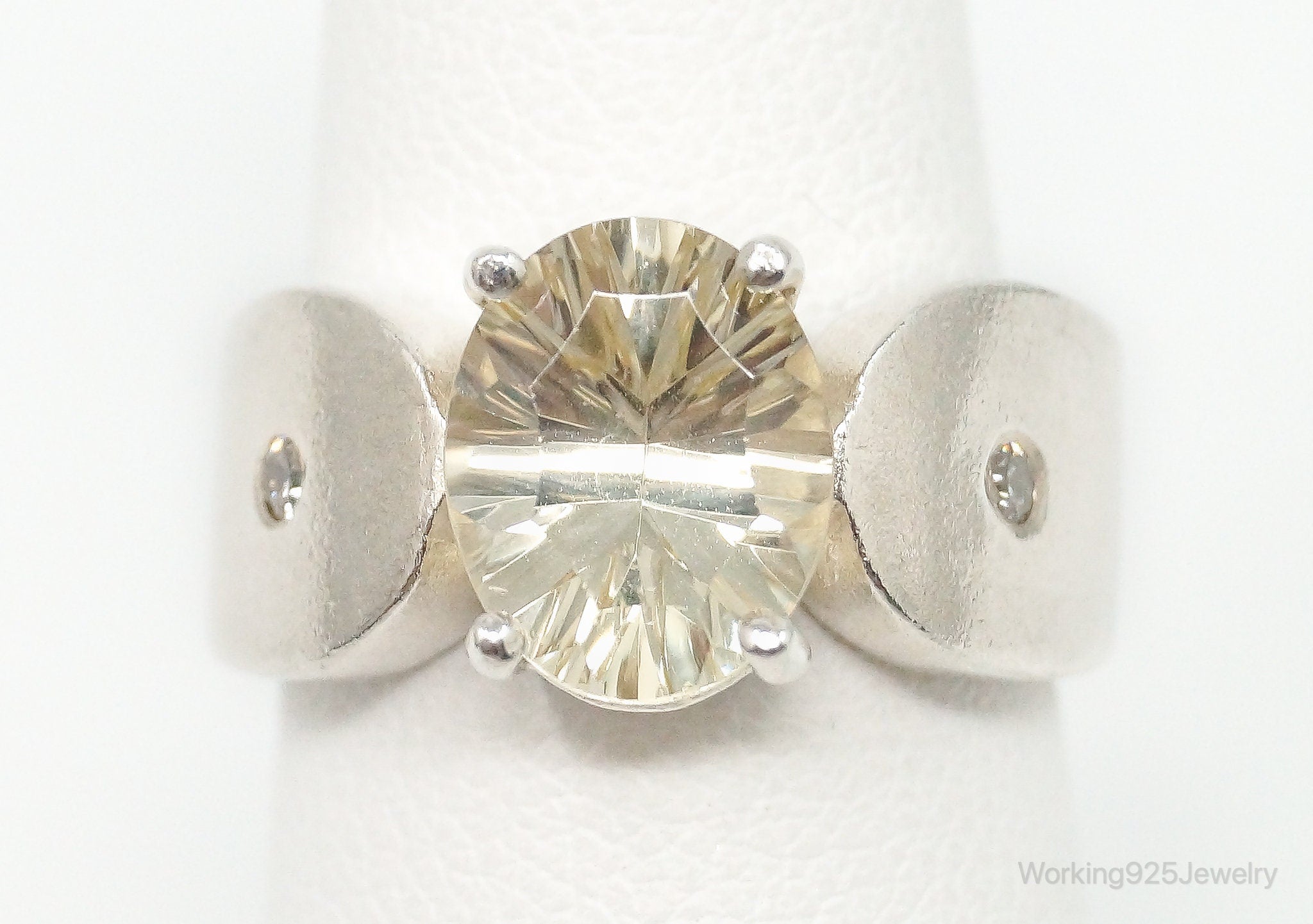 Vintage Large Pale Citrine Cubic Zirconia Sterling Silver Ring - Size 6.25