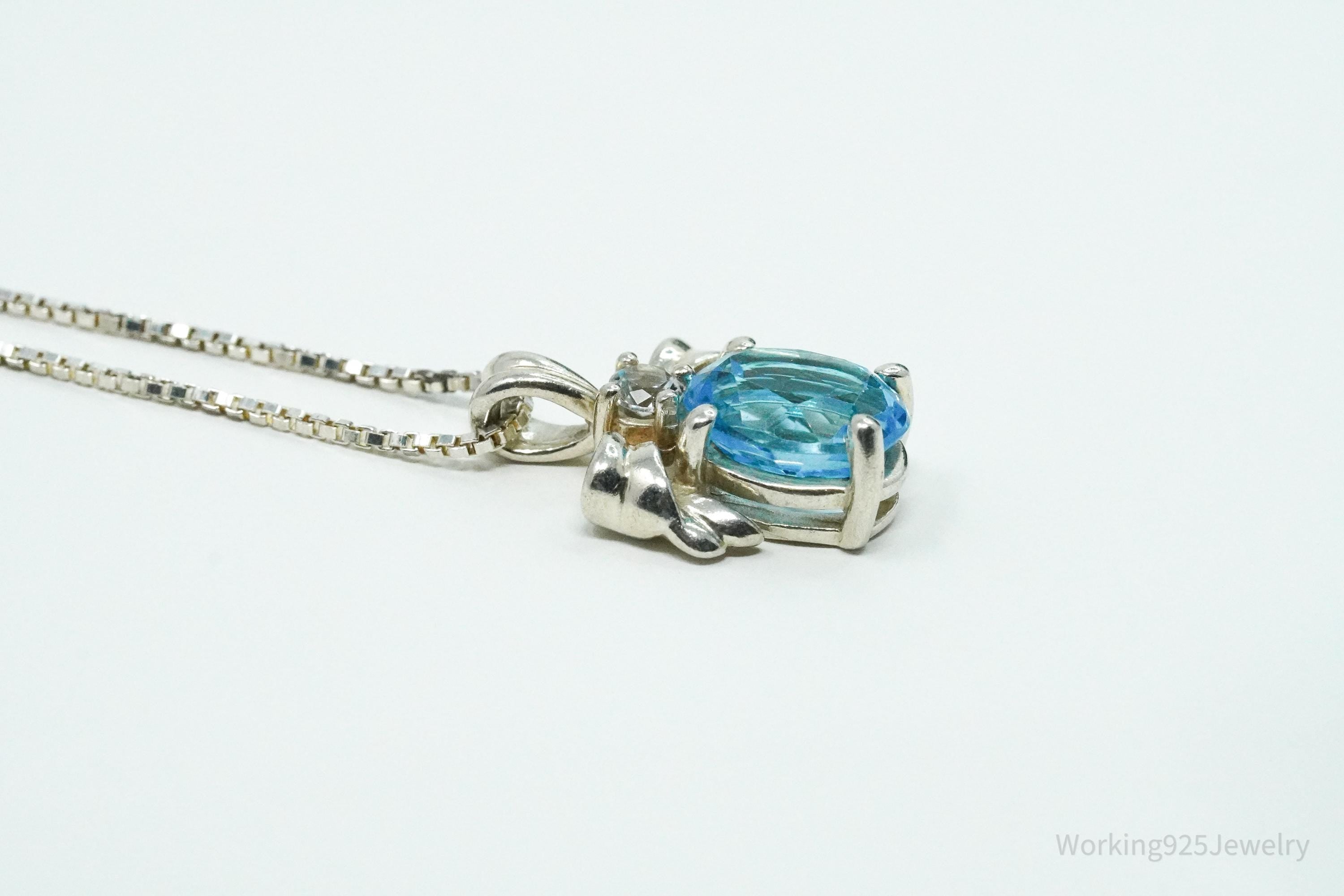 Vintage Blue Topaz & Cubic Zirconia Sterling Silver Necklace 18"