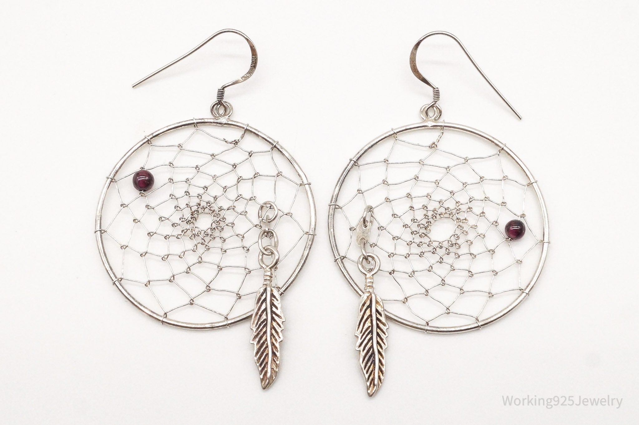 Vintage Native American Rhodolite Garnet Dream Catcher Sterling Silver Earrings