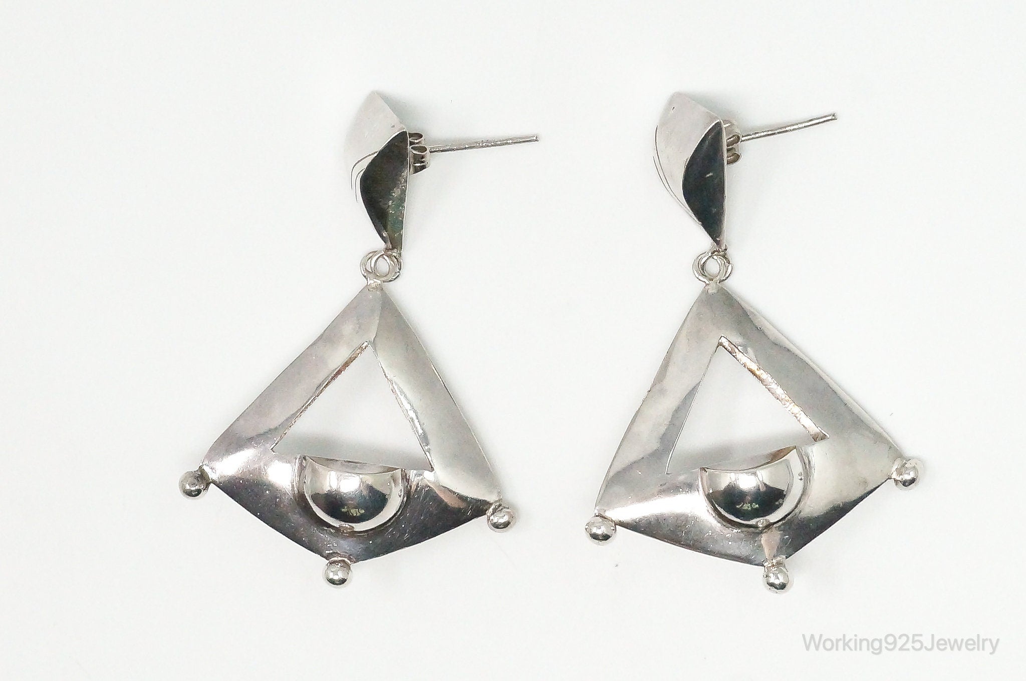 Vintage Sleek Modernist Dangle Sterling Silver Earrings