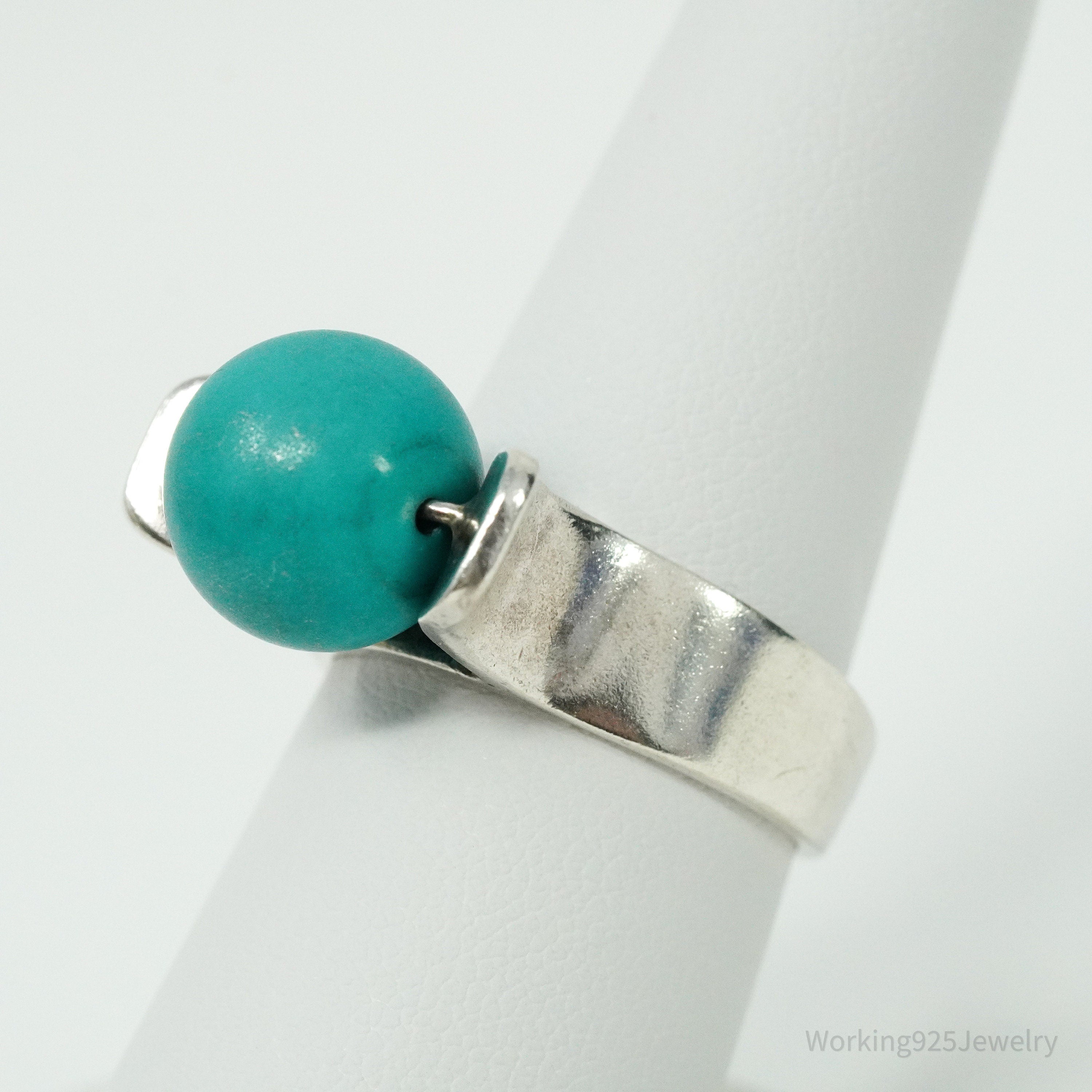 Vintage Spinning Turquoise Ball Modernist Sterling Silver Ring - Size 8