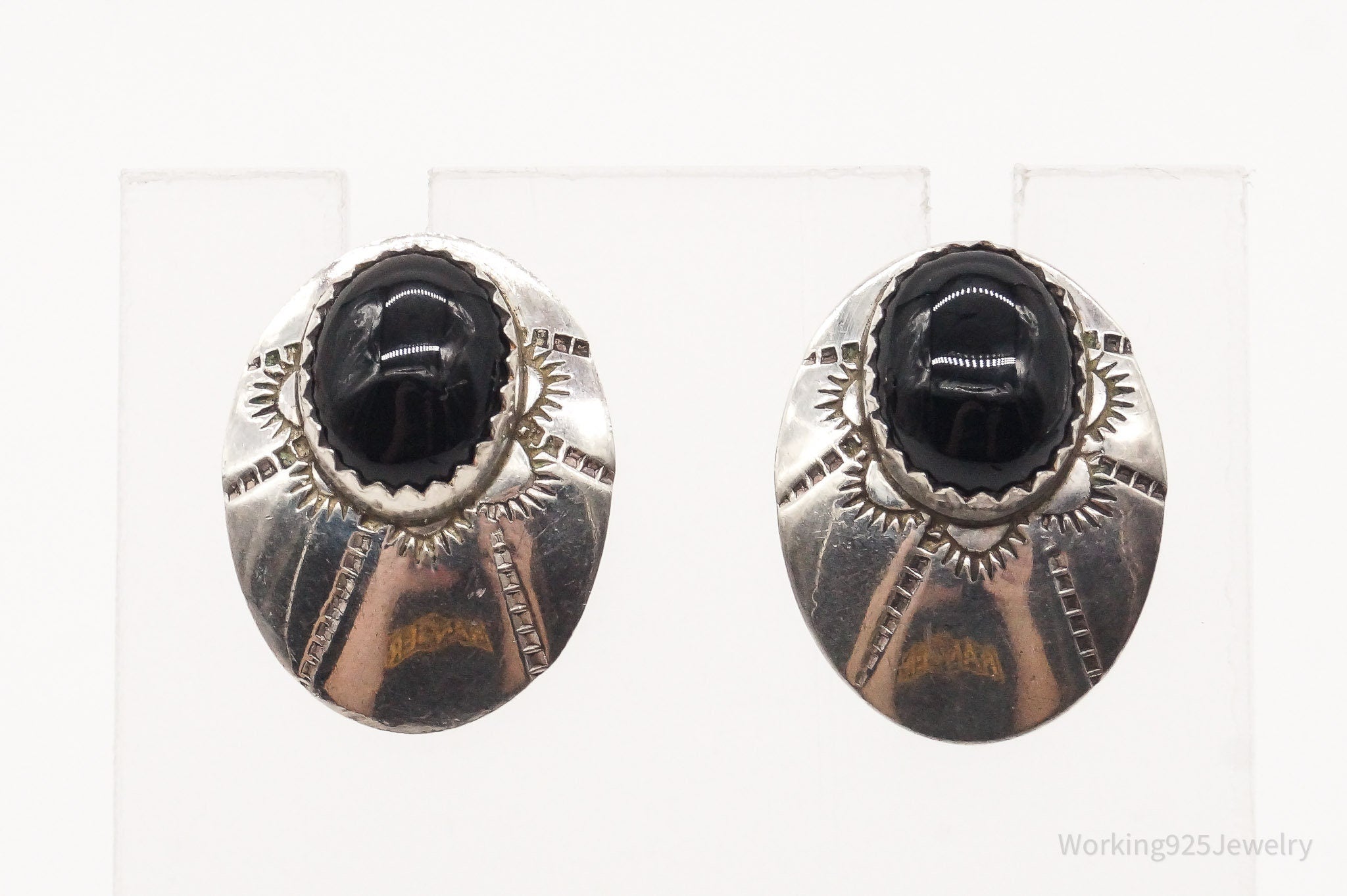 Vintage Native American Black Onyx Silver Earrings