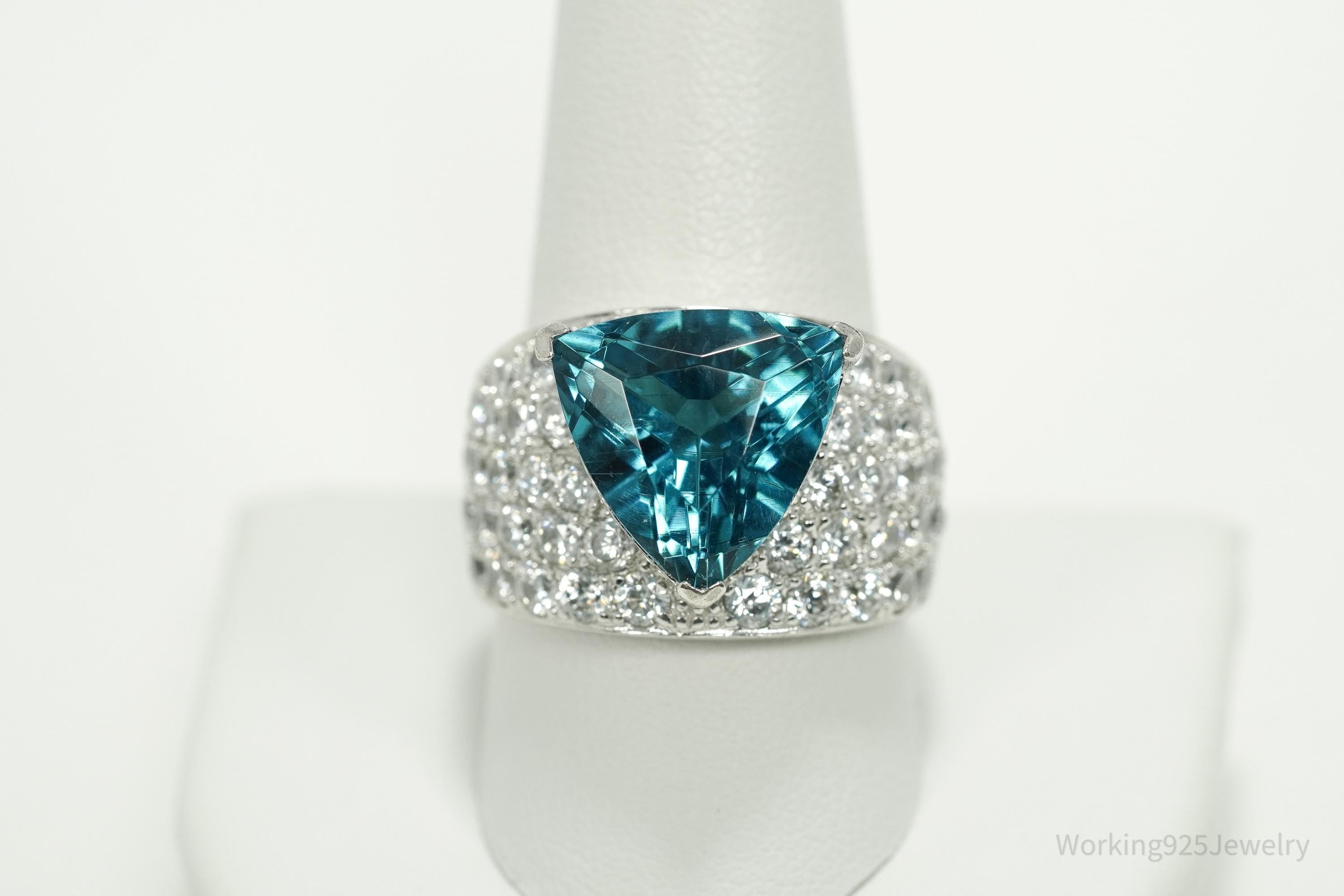 Vintage Ross Simons Large Teal Stone & Cubic Zirconia Sterling Silver Ring - Size 10