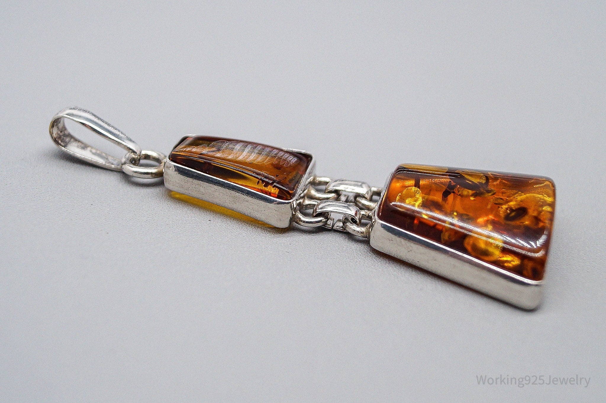Large Vintage Amber Silver Necklace Pendant
