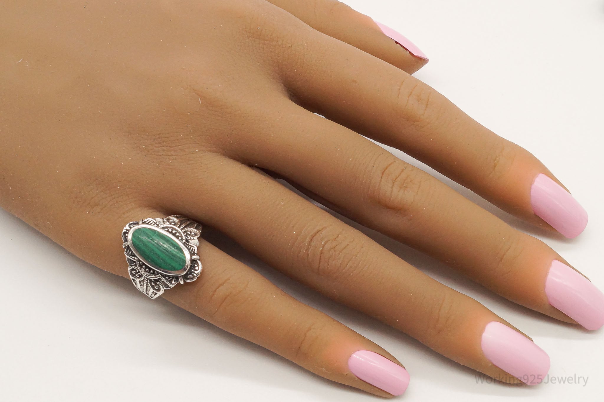 Vintage Malachite Sterling Silver Ring - Size 6