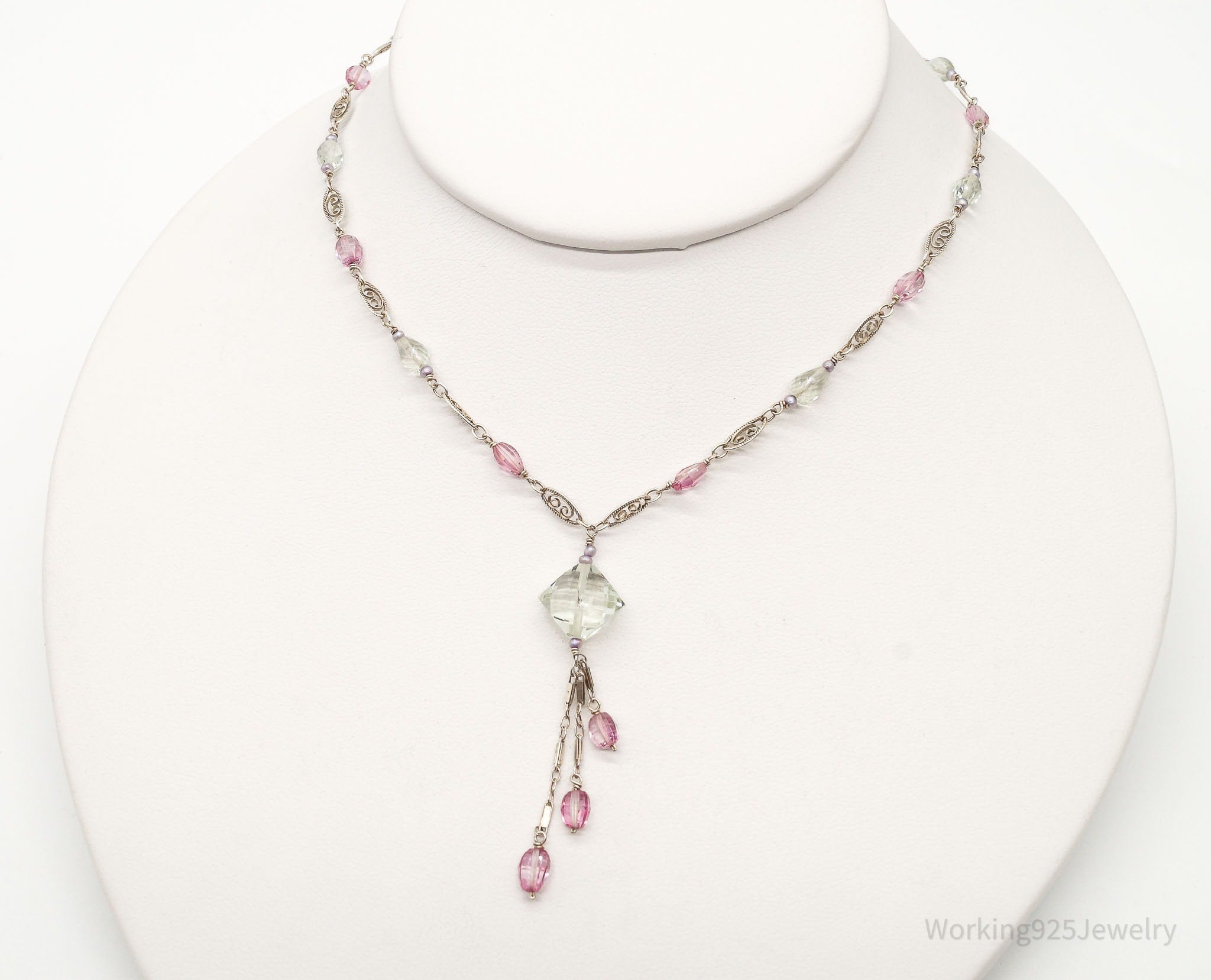 Vintage Prasiolite Pink Topaz Seed Pearls Sterling Silver Necklace