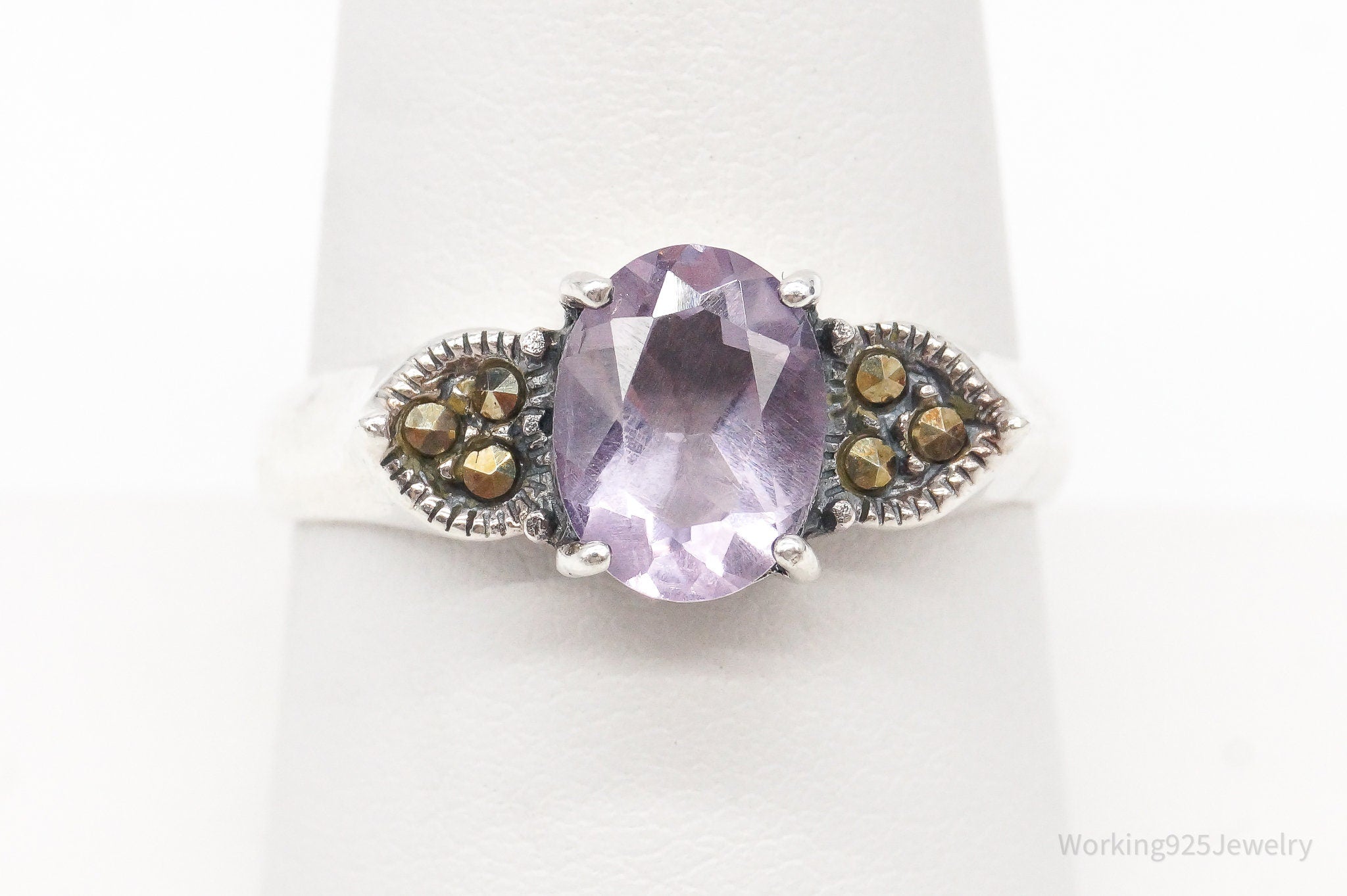 Vintage Marcasite Amethyst Sterling Silver Ring - Size 8.75