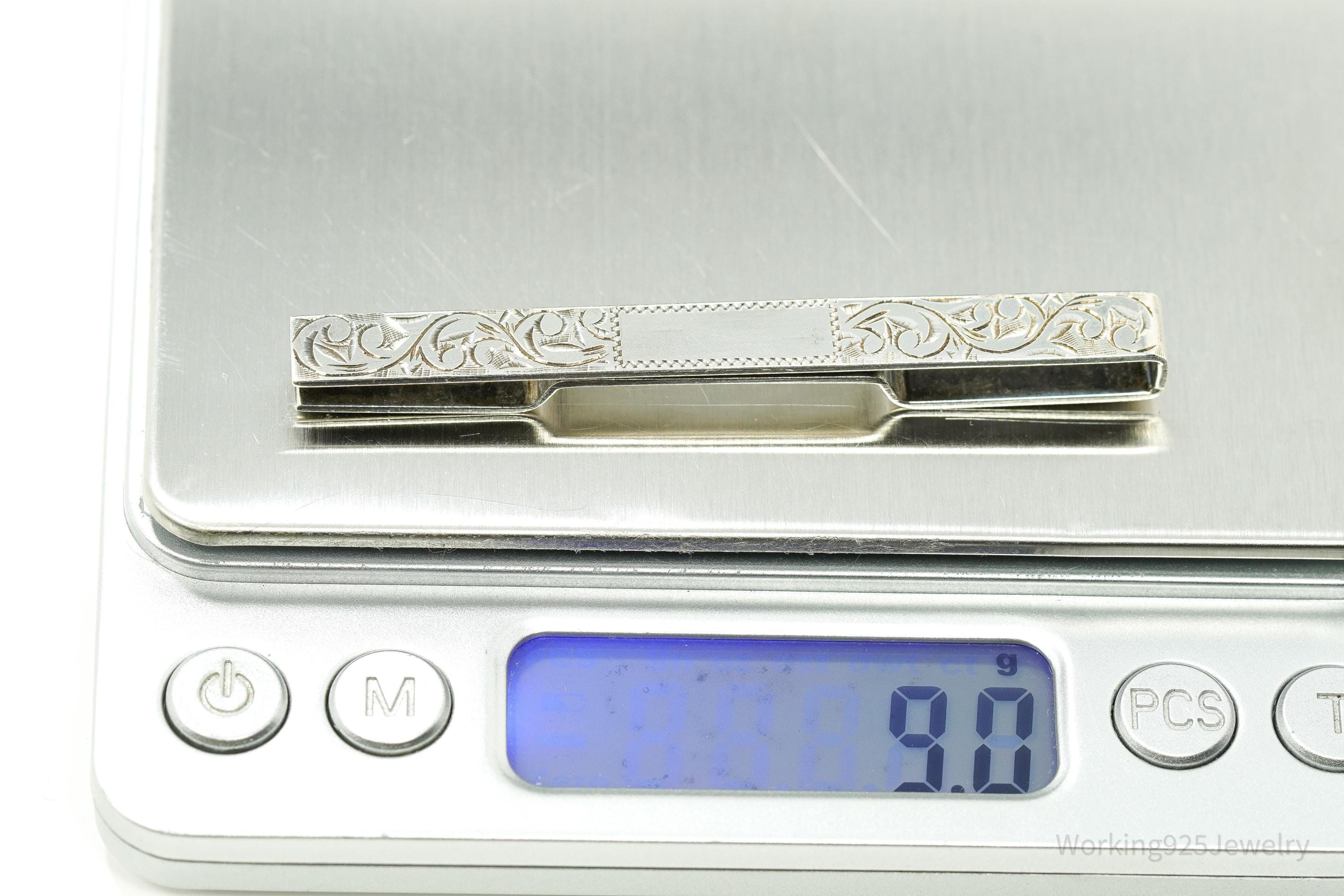 Vintage Floral Etched 950 Sterling Silver Money Tie Money Clip