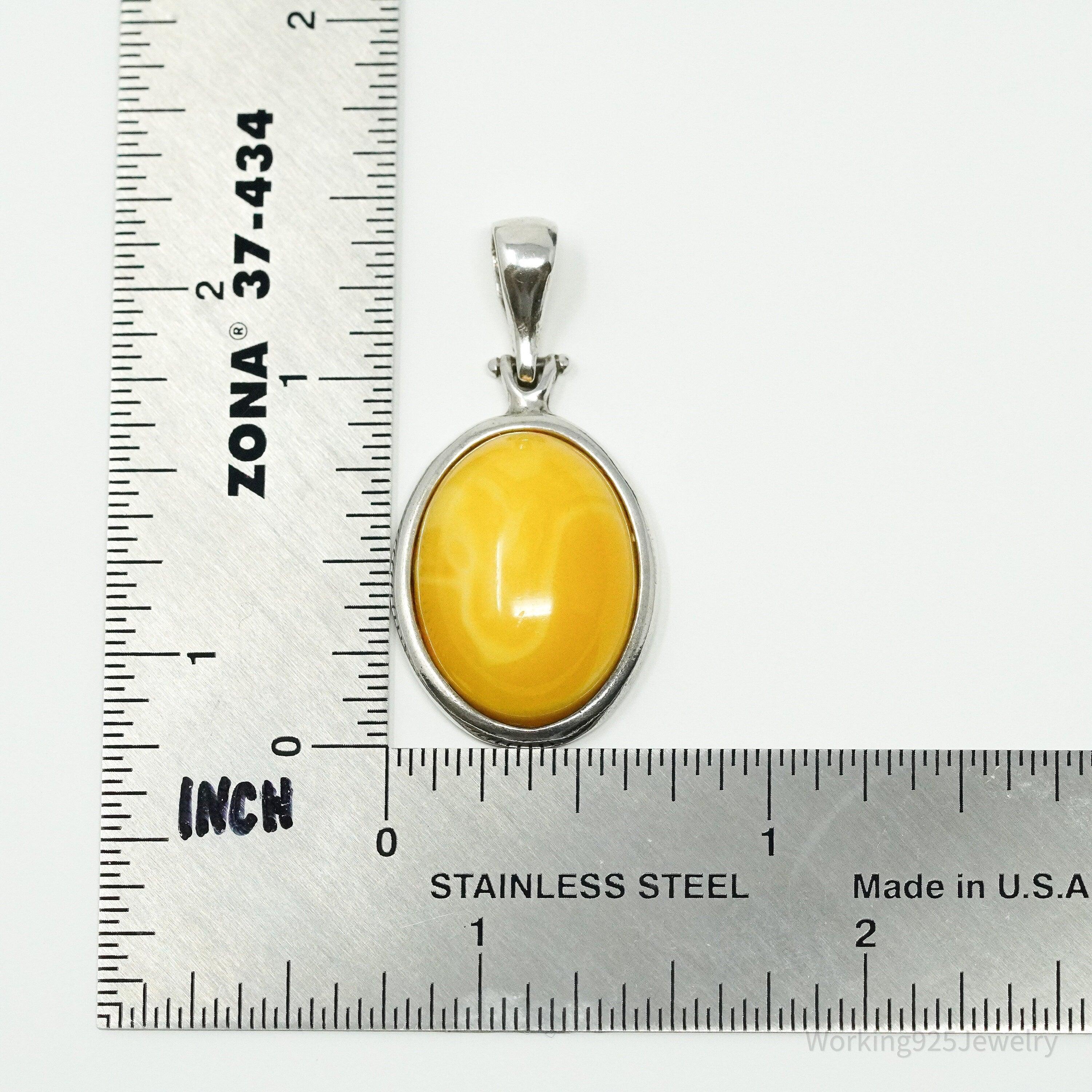 Vintage Yellow Amber Modernist Sterling Silver Necklace Pendant