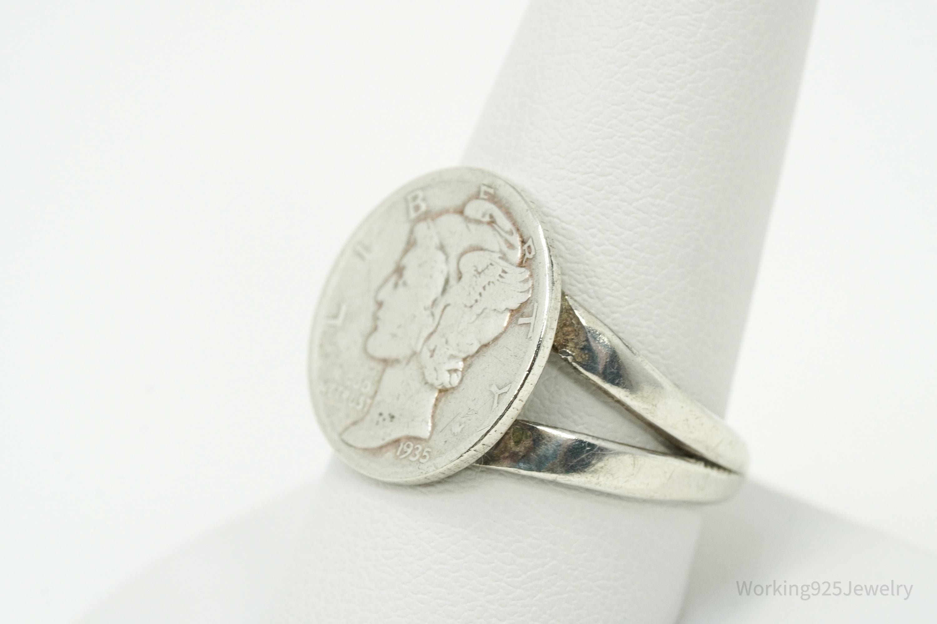 Vintage 1935 Mercury Dime Coin Silver Ring - Size 10.25
