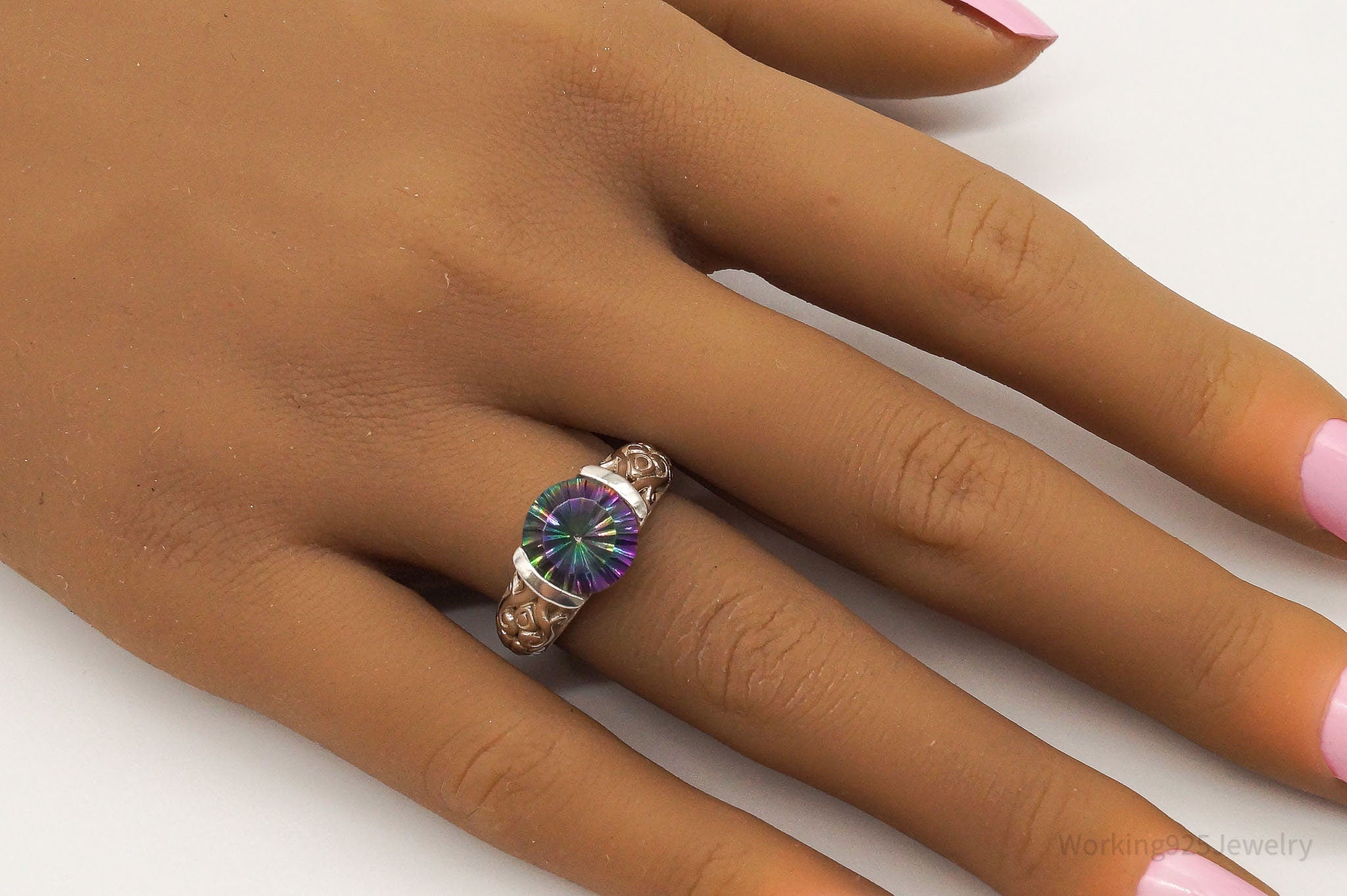 Vintage Mystic Topaz Sterling Silver Filigree Ring - Size 6.75