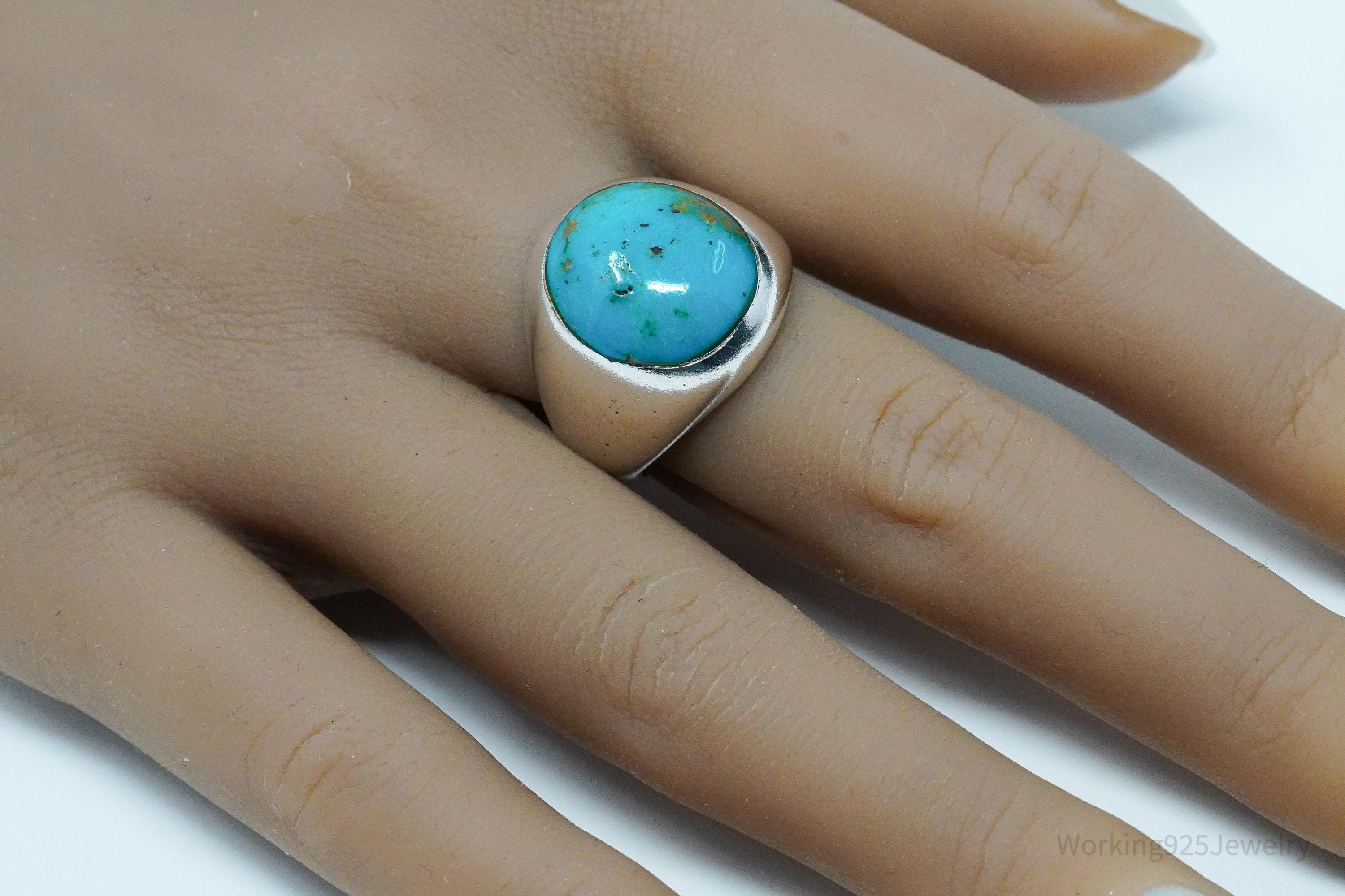Vintage Blue Turquoise Inlay Silver Ring - Size 8.25