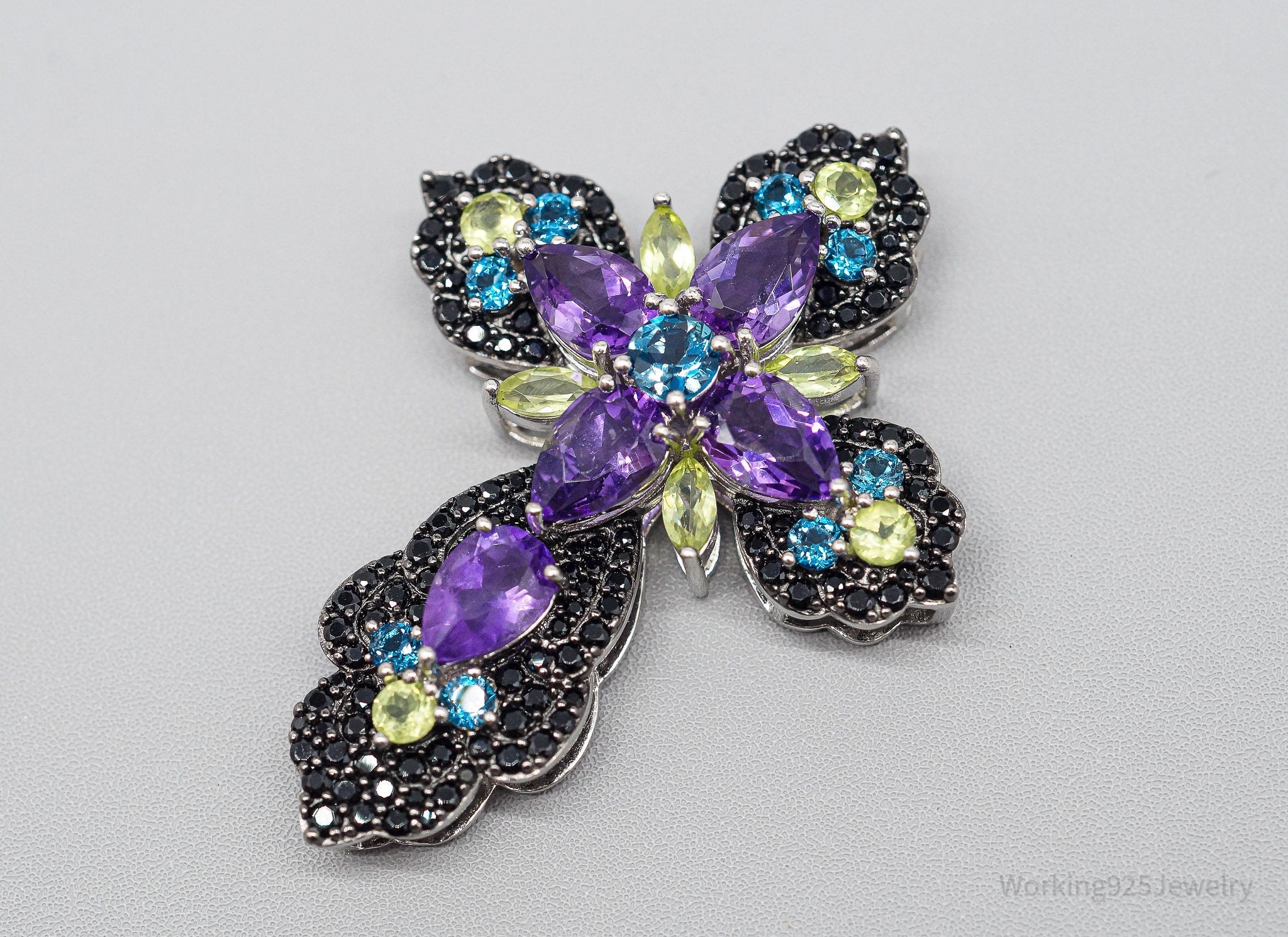 Large JTV DK Multi Gemstone Rhodium Over Sterling Silver Cross Pendant
