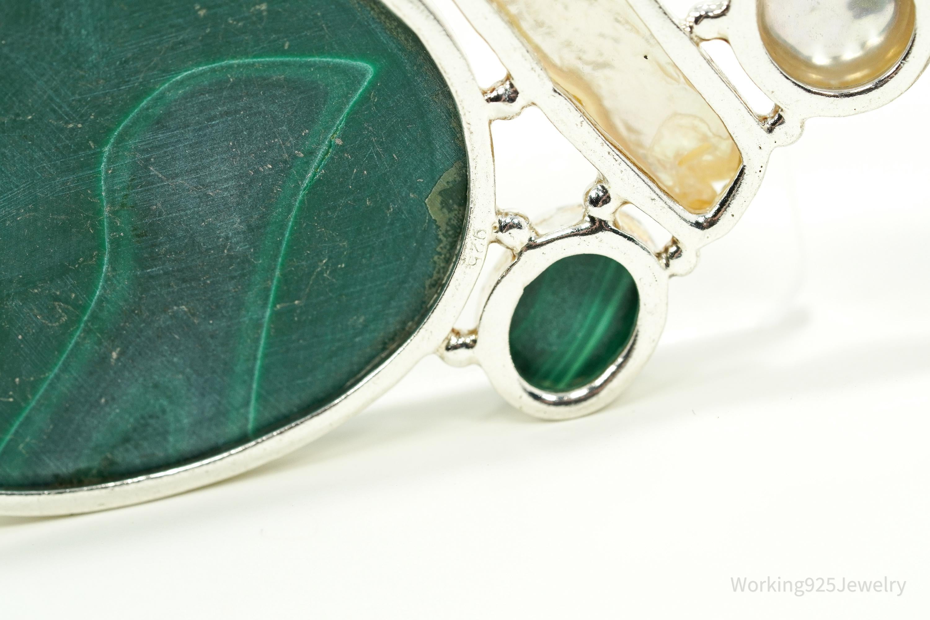 Large Vintage Malachite & Pearl Sterling Silver Necklace Pendant
