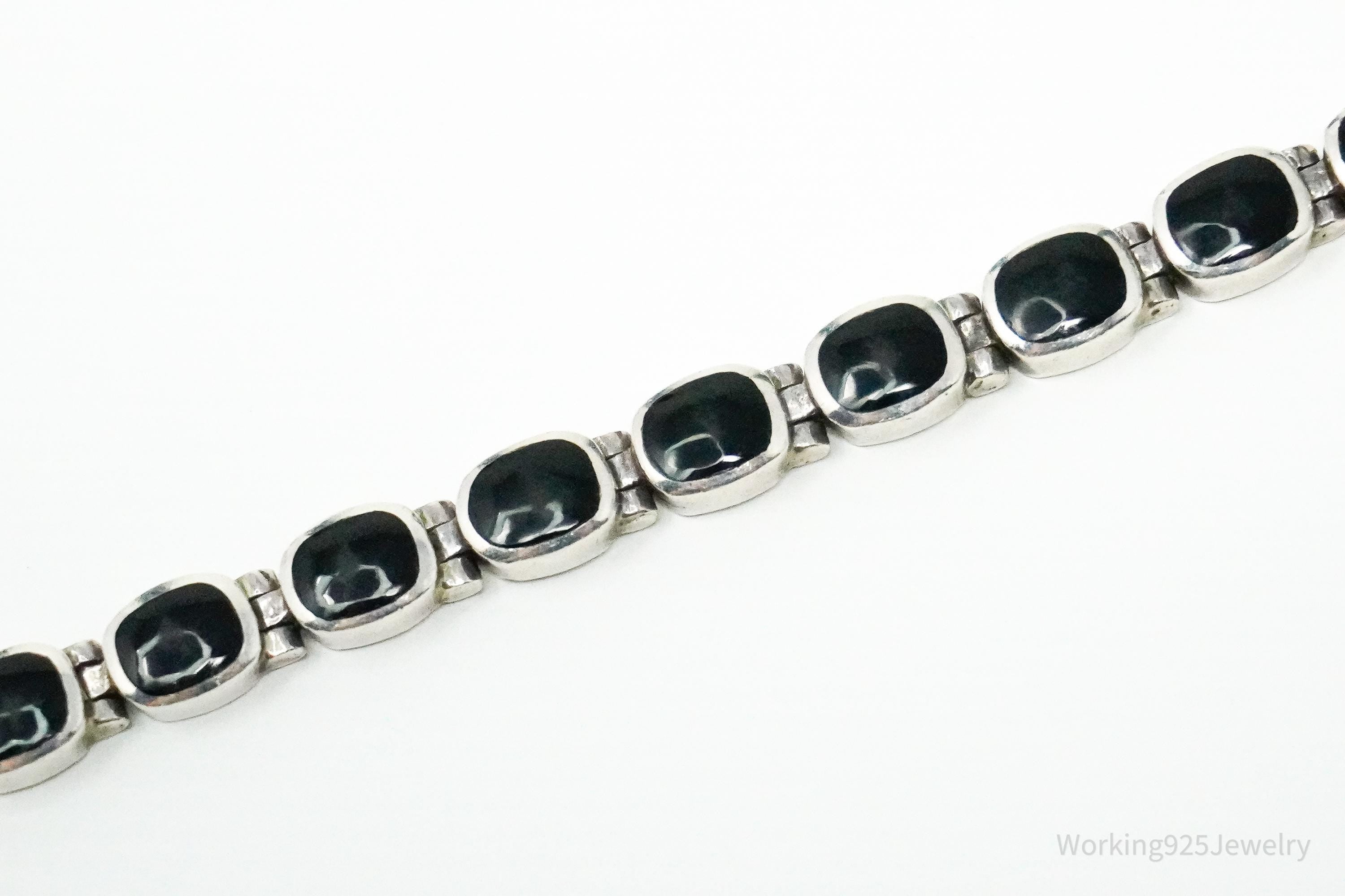 Vintage Southwestern Designer Peyote Bird Black Onyx Inlay Sterling Silver Bracelet 7.5