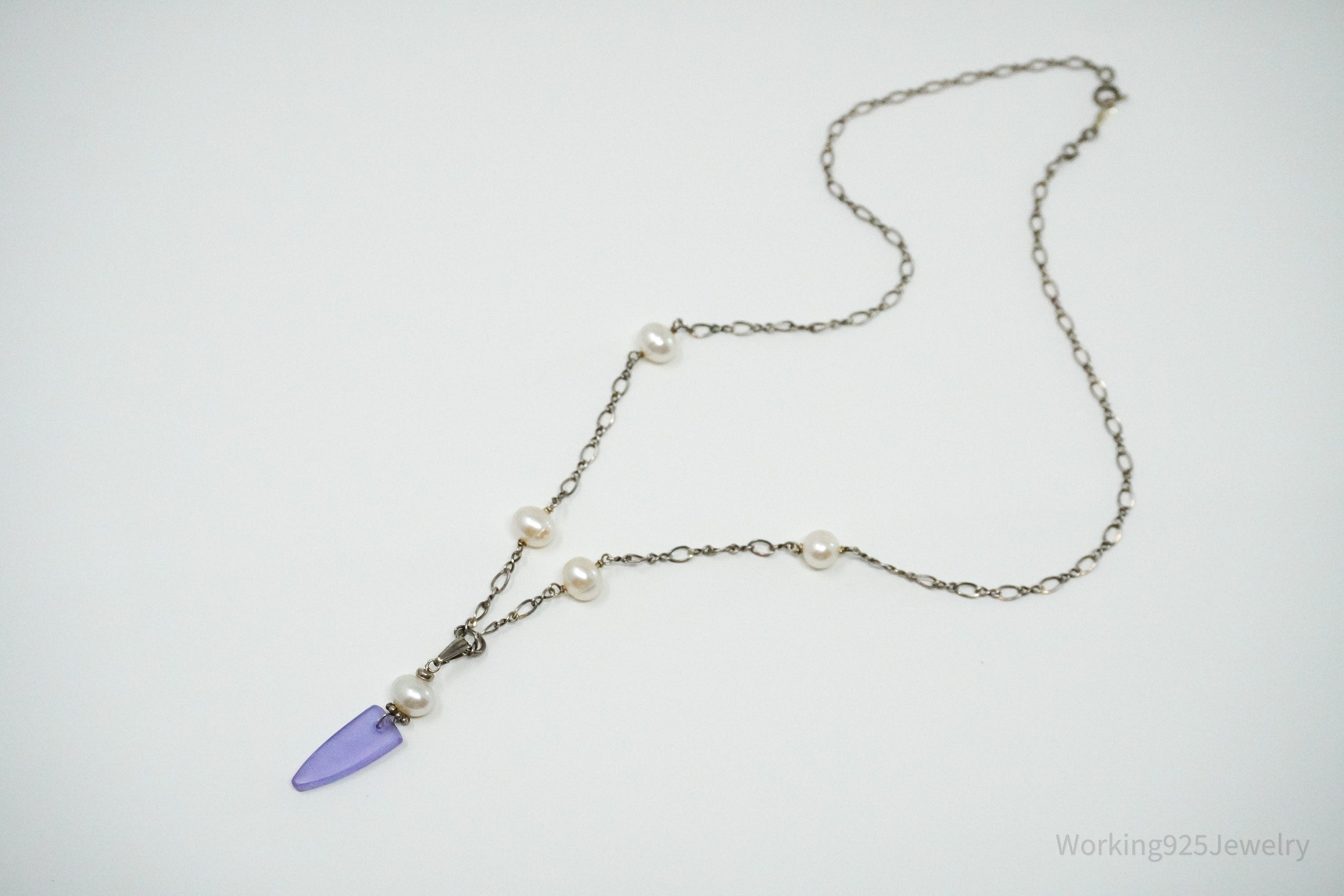 Vintage Pearl & Purple Stone Sterling Silver Necklace 18"