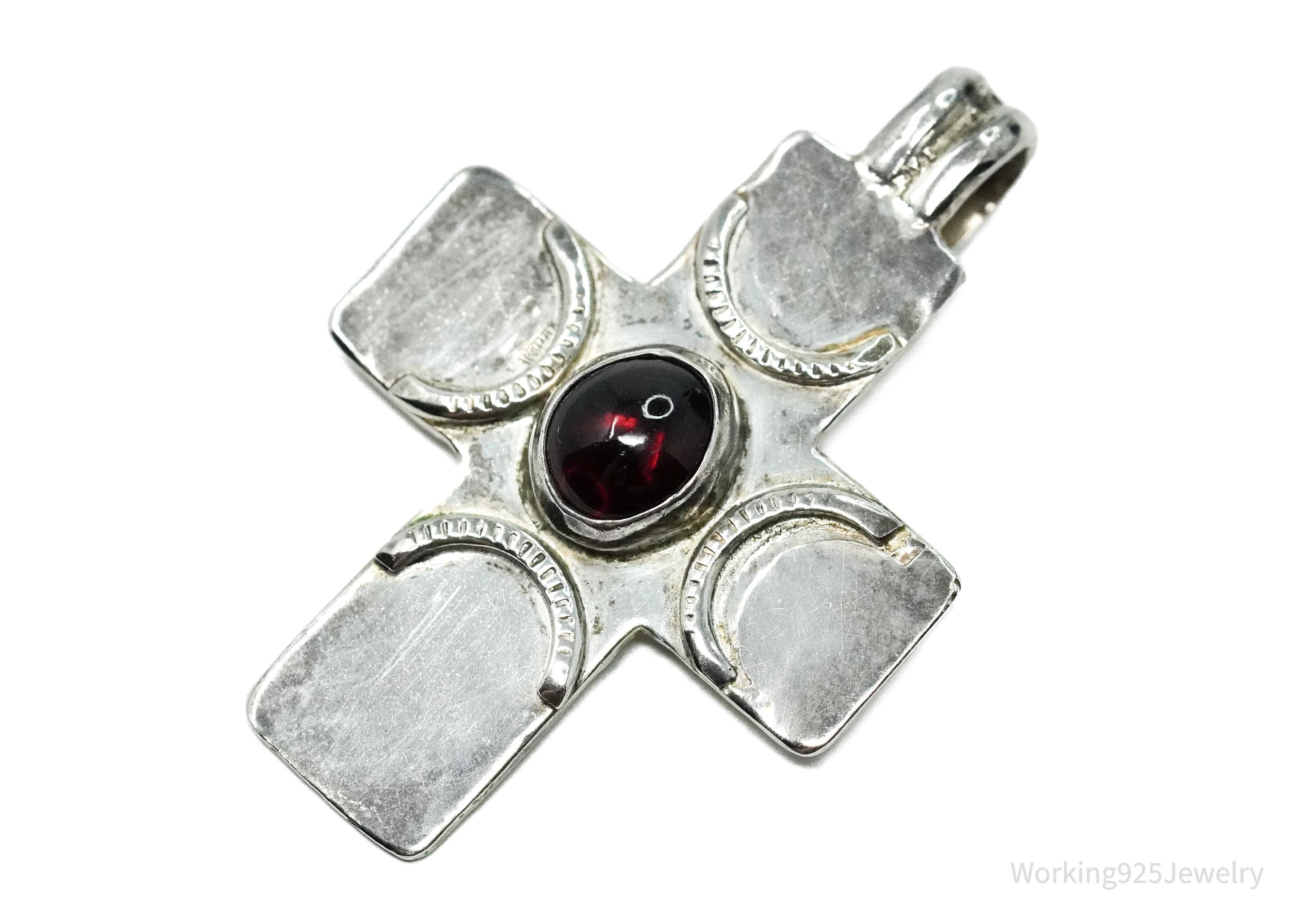 Large Vintage Rhodolite Garnet Silver Cross Pendant