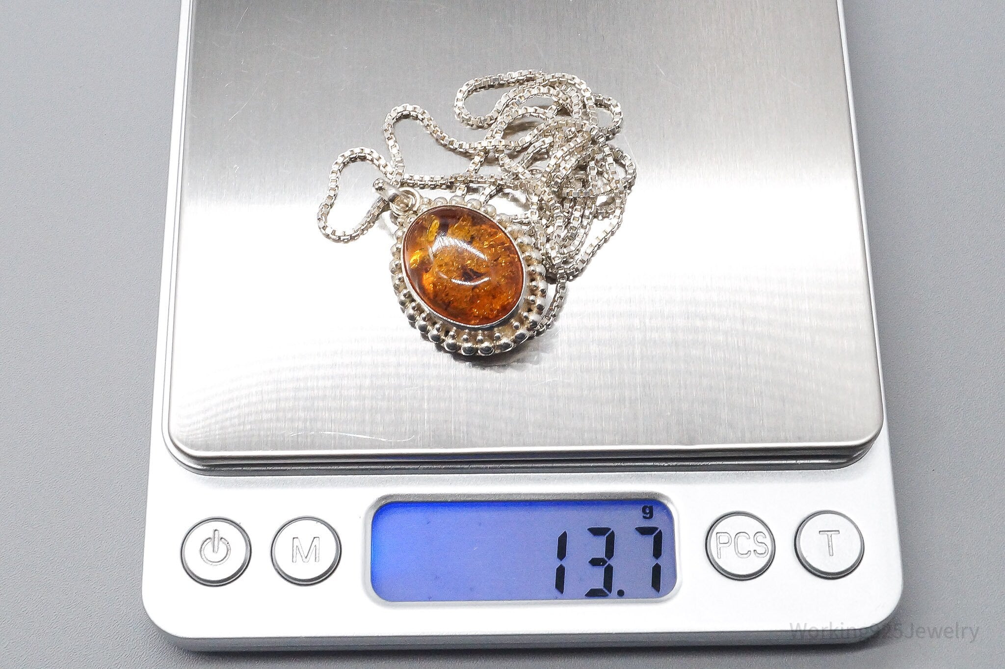 Vintage Large Amber Sterling Silver Chain Necklace 24"