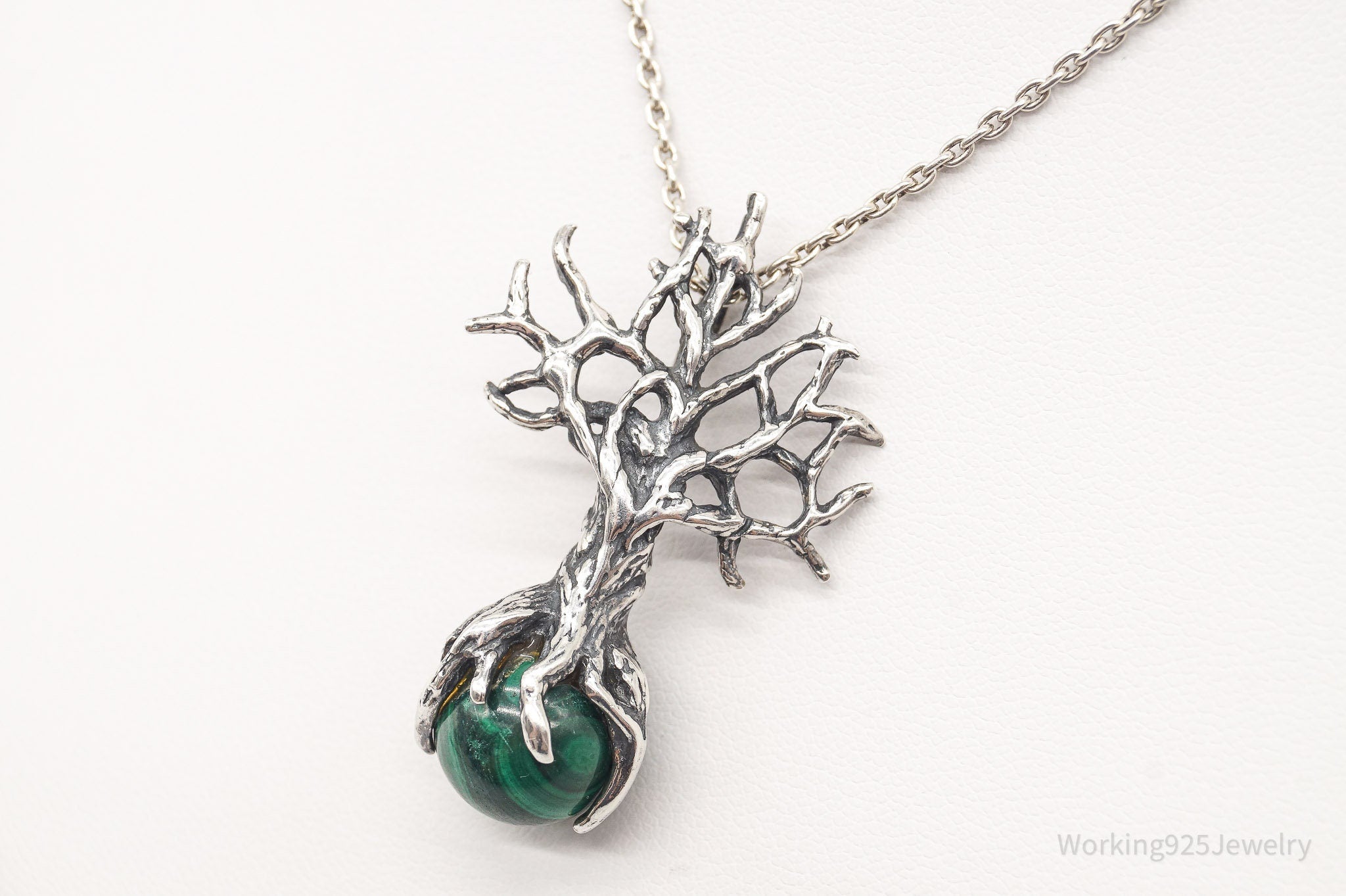 Vintage Tree Malachite Sterling Silver Necklace