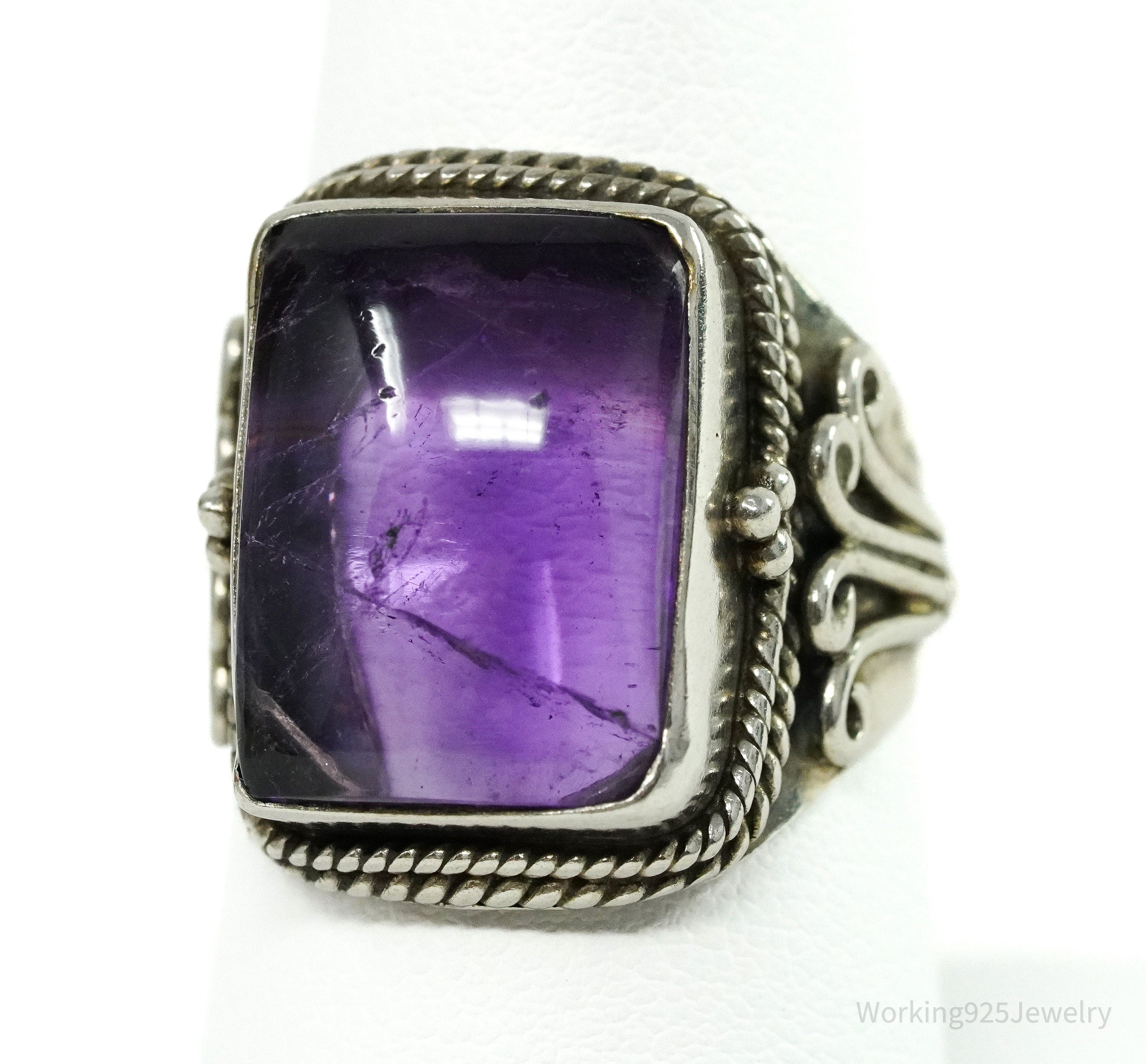 Vintage Amethyst Ornate Sterling Silver Ring - Size 8