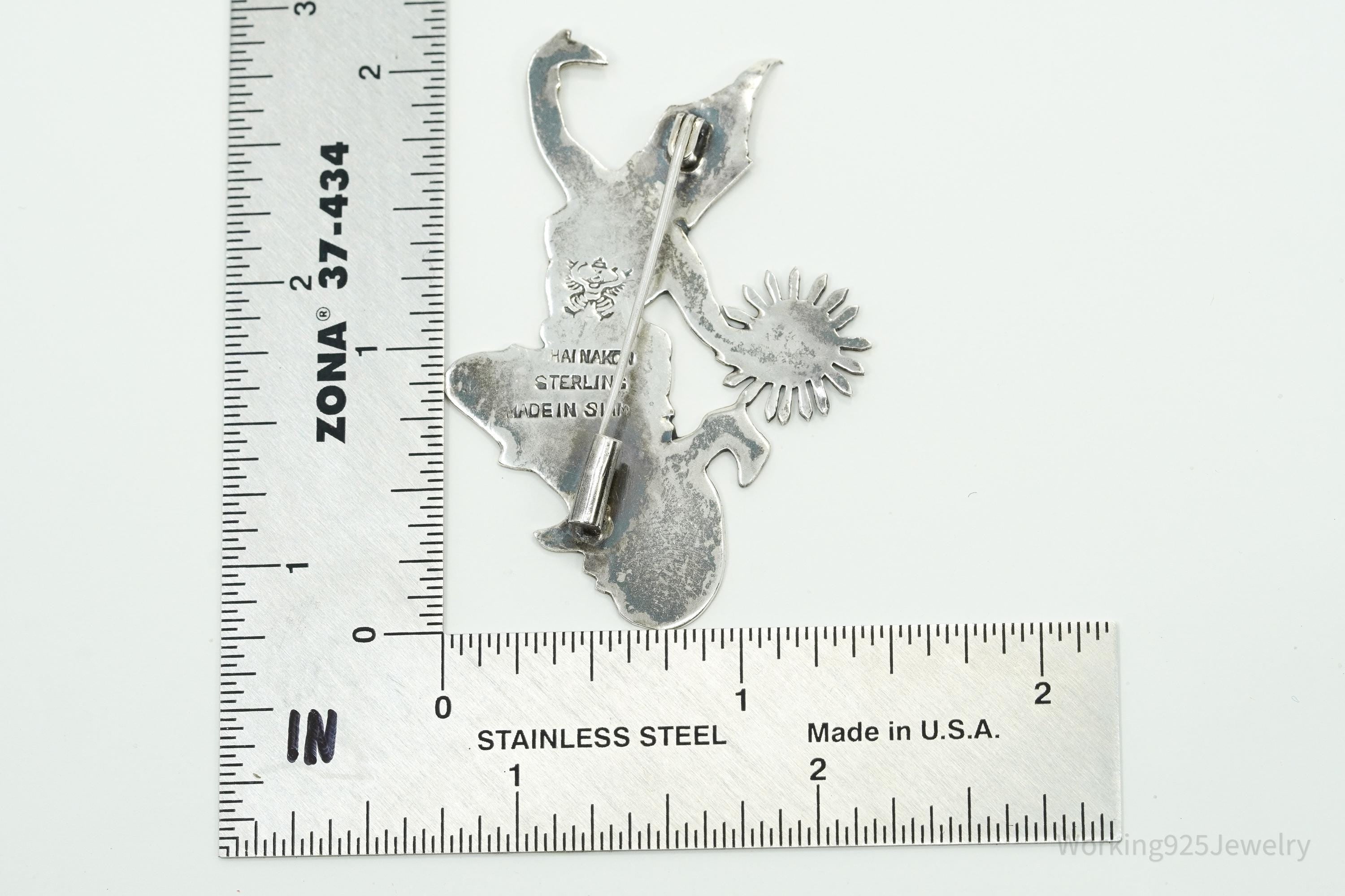 Large Vintage Thai Nakon Siam Black Enamel Sterling Silver Brooch Pin