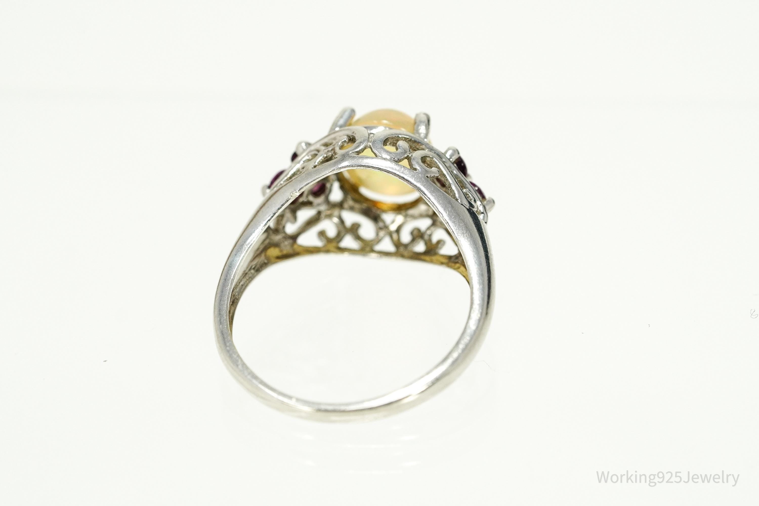 Vintage Ethiopian Opal & Rhodolite Garnet Sterling Silver Ring - Size 10