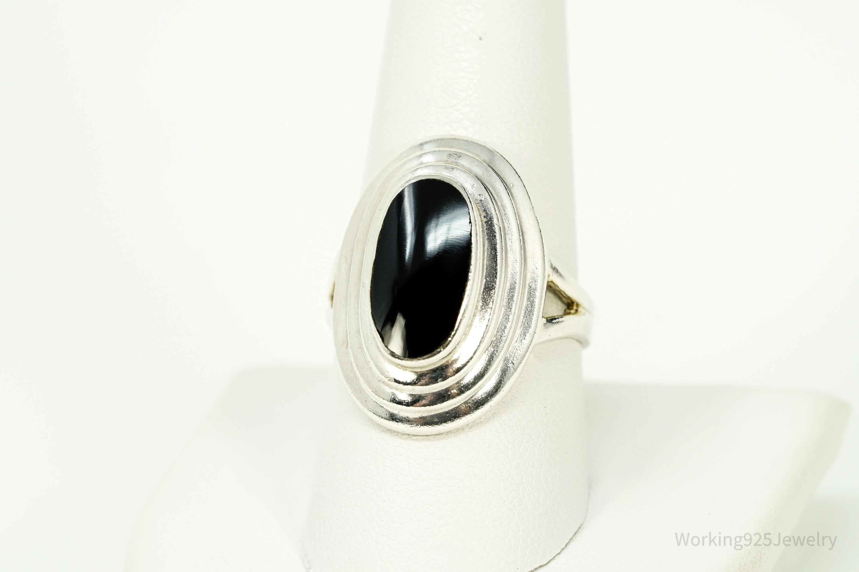 Vintage Black Onyx Modernist Style Sterling Silver Ring - Size 9.25