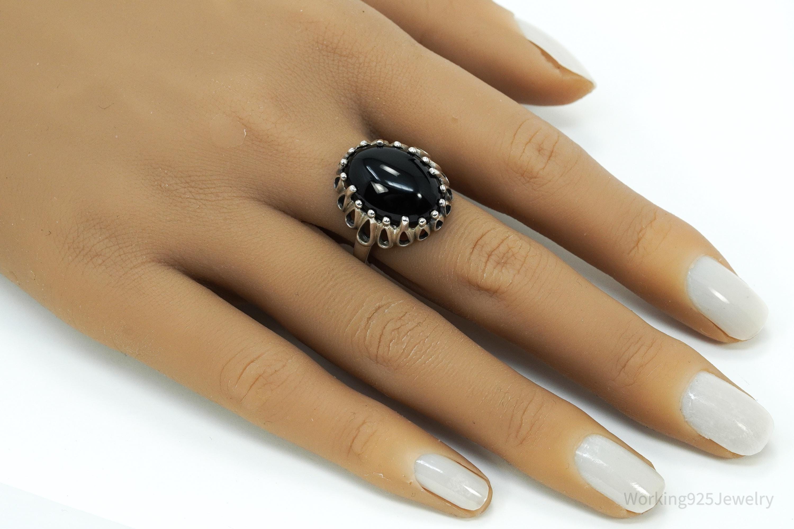 Vintage Designer Kabana Black Onyx Sterling Silver Ring - Size 9.25