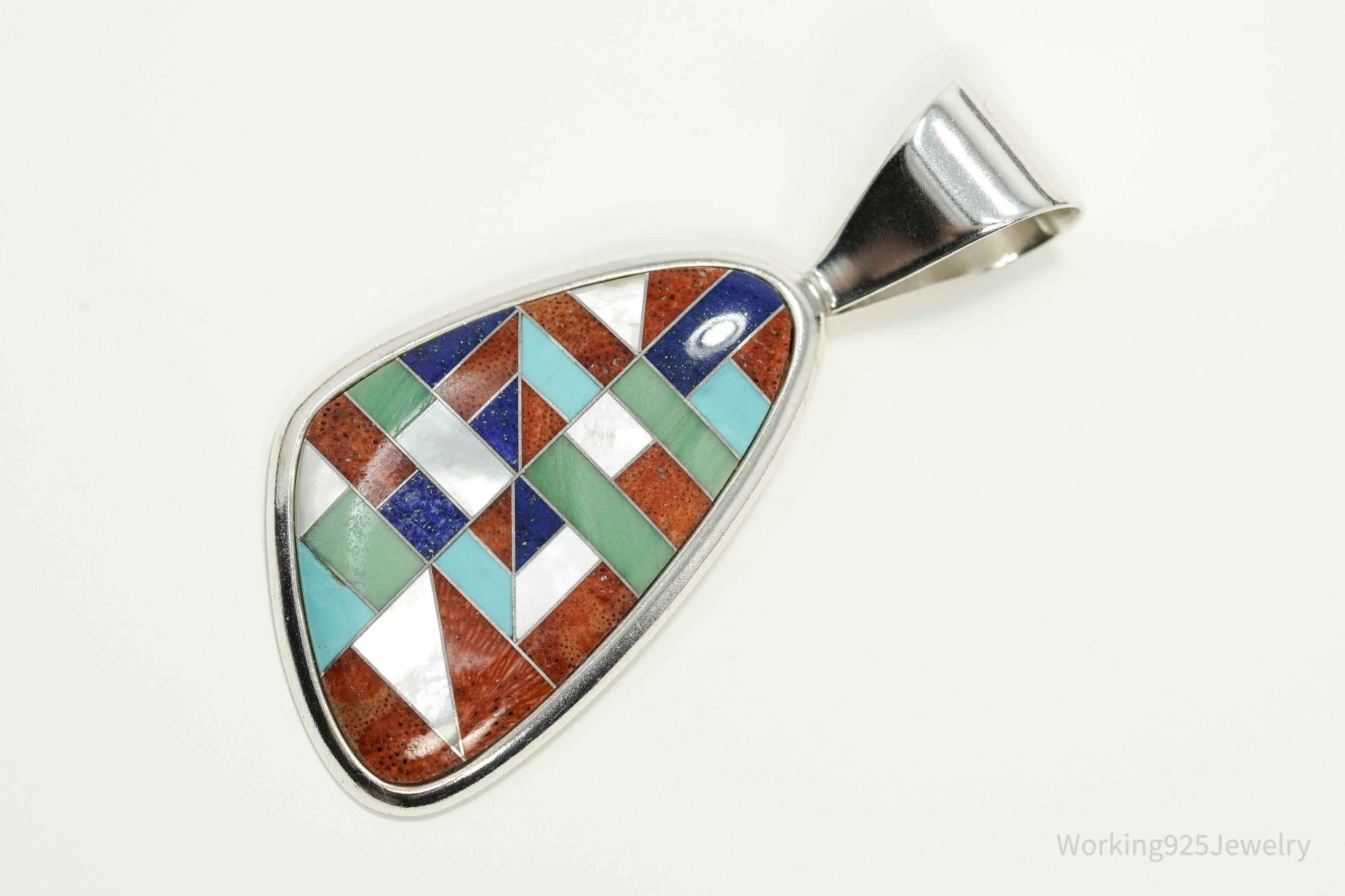 Vintage Large Desert Rose Trading Multi Gem Inlay Sterling Silver Pendant 2.5"