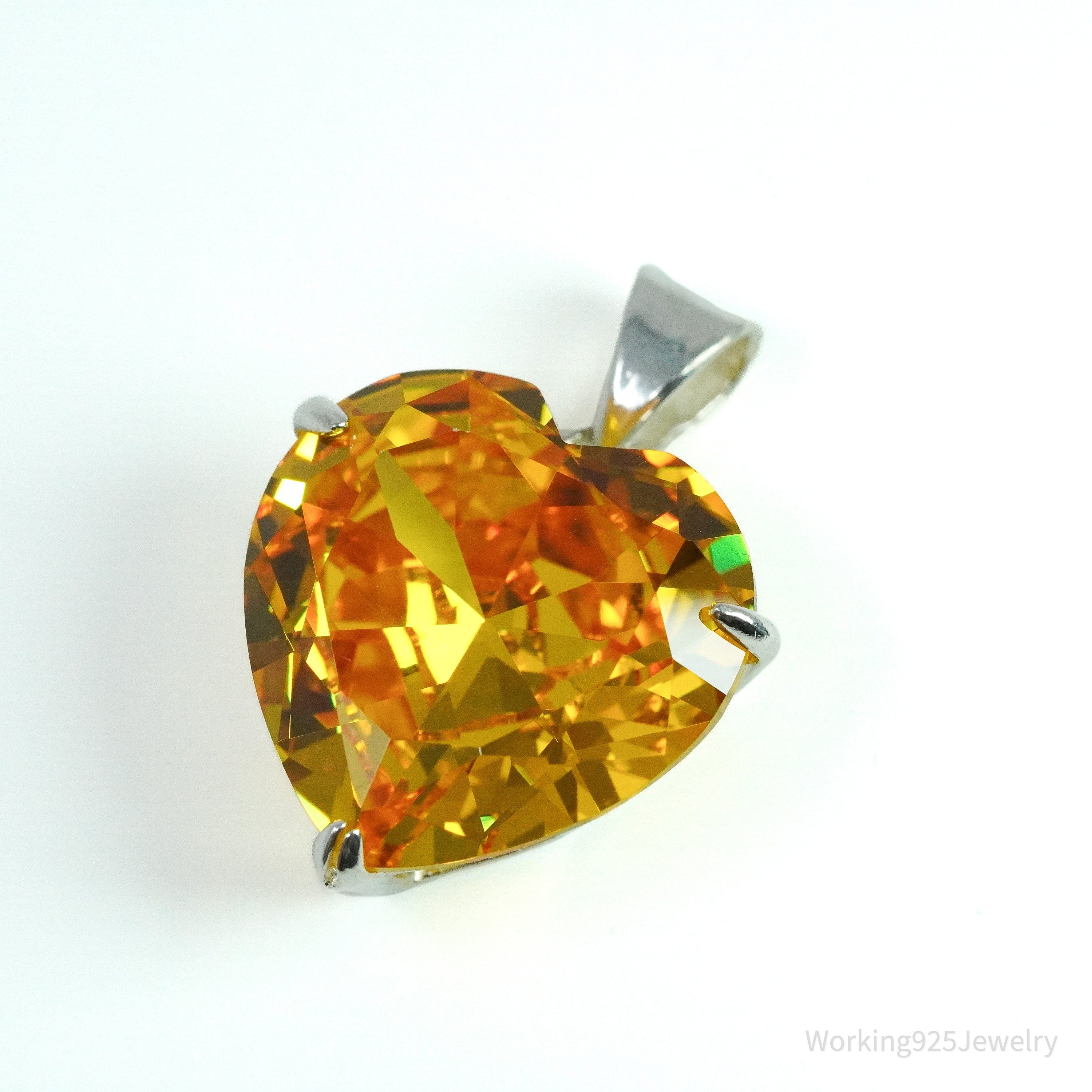 Vintage Large Citrine Heart Sterling Silver Necklace Pendant
