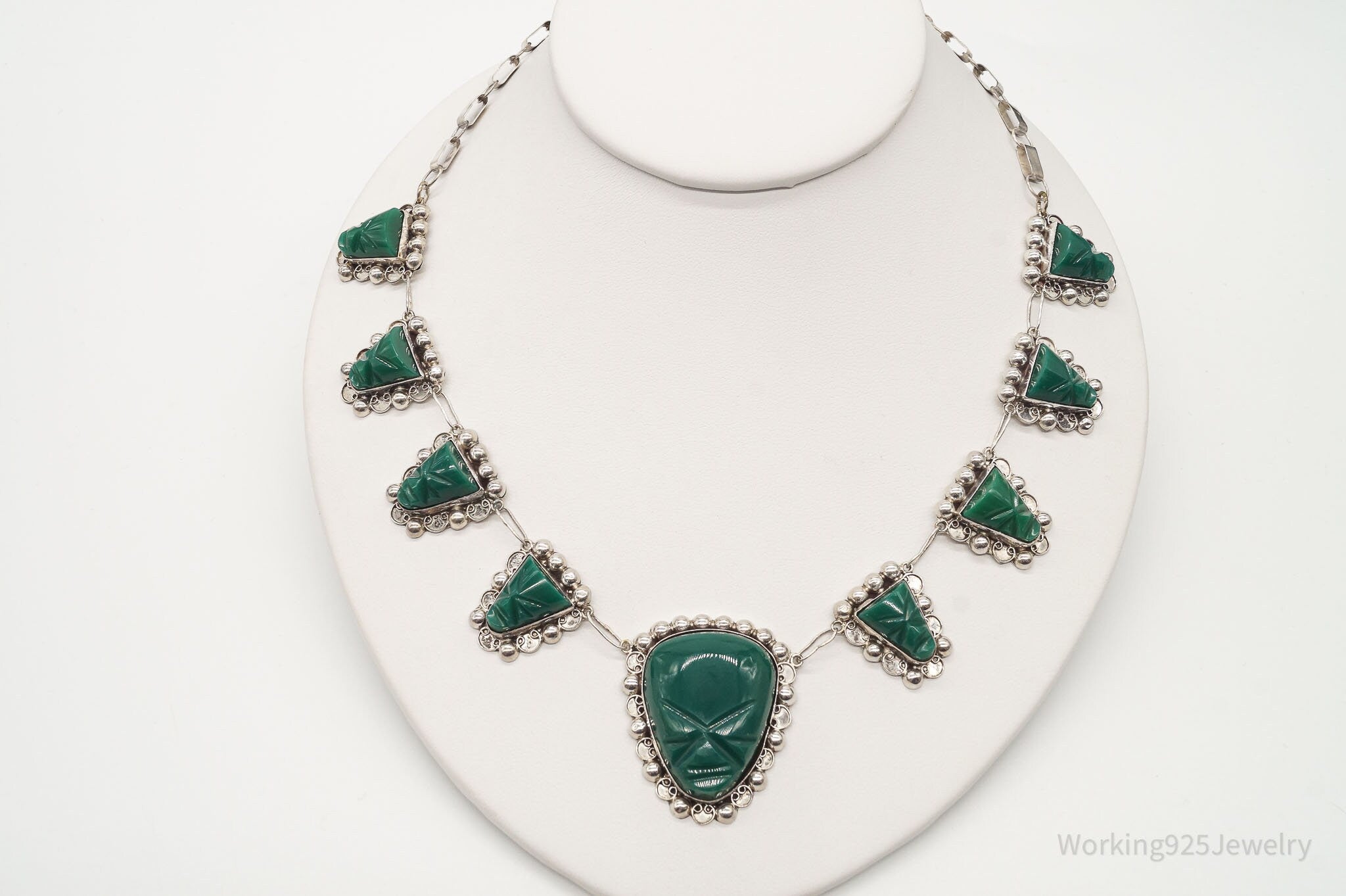 Vintage Mexico Green Onyx Carved Masks Sterling Silver Necklace