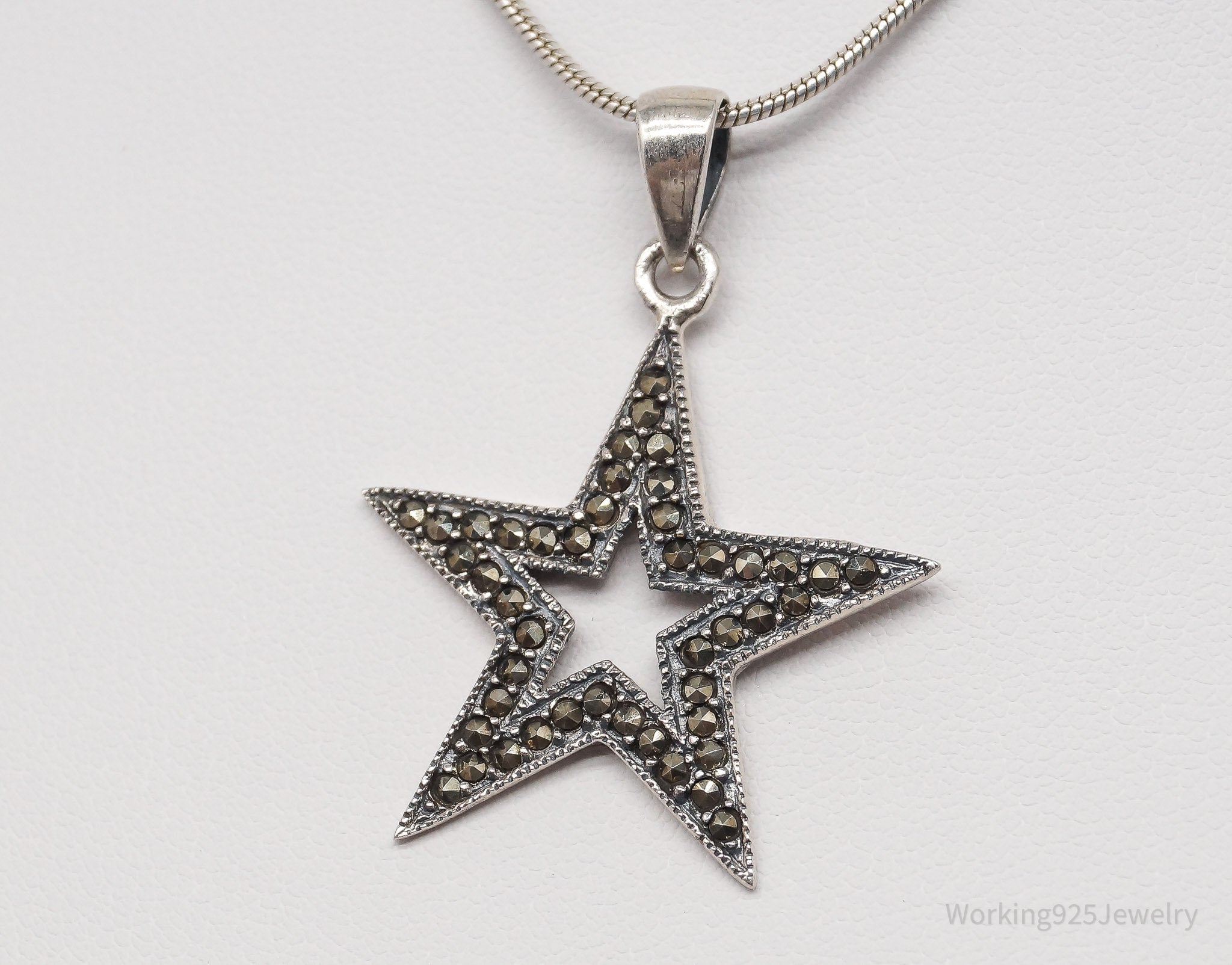 Vintage Marcasite Star Sterling Silver Necklace - 18"