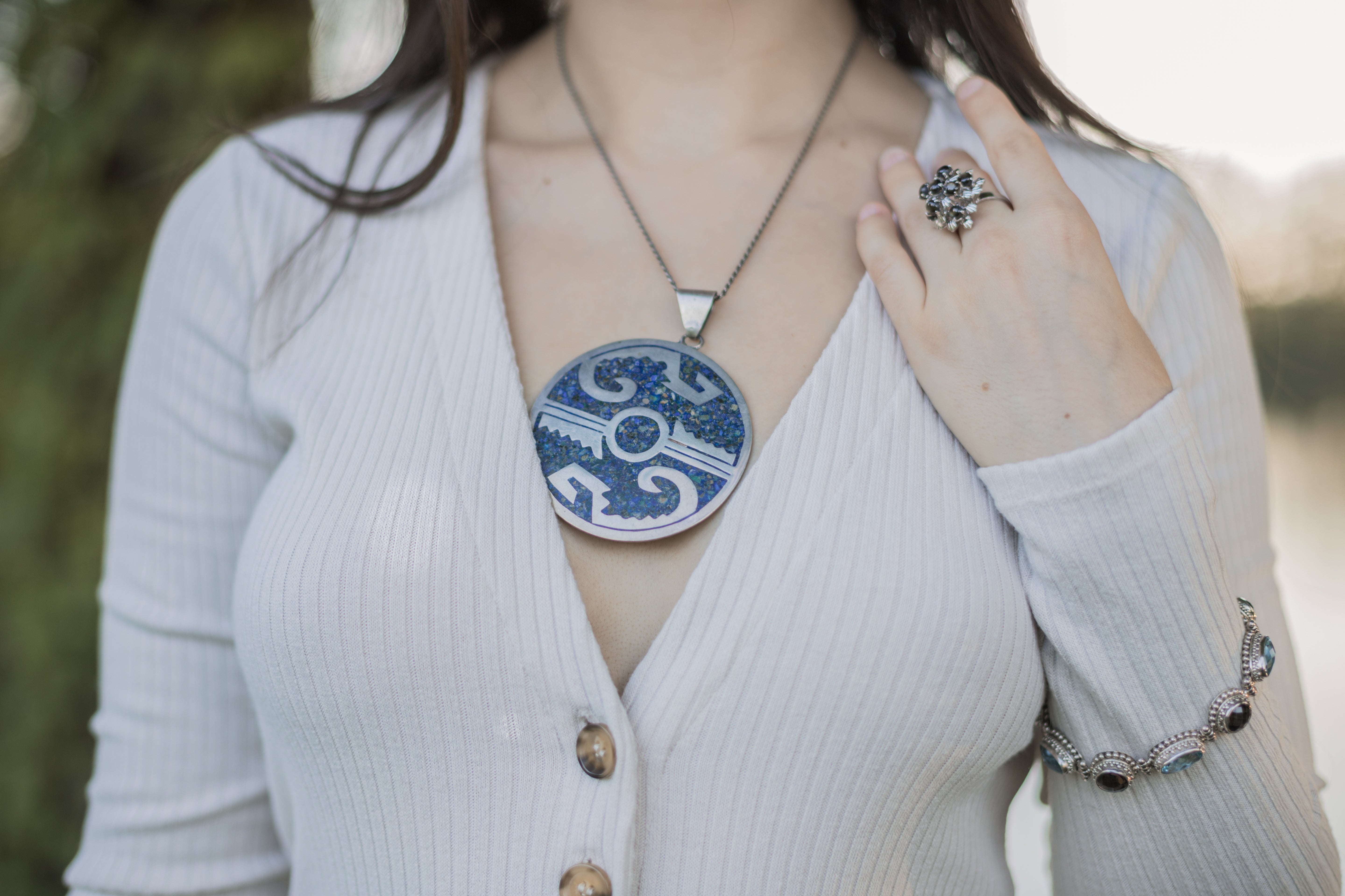 Vintage Large Mexico Handmade Lapis Lazuli Sterling Silver Aztec Necklace