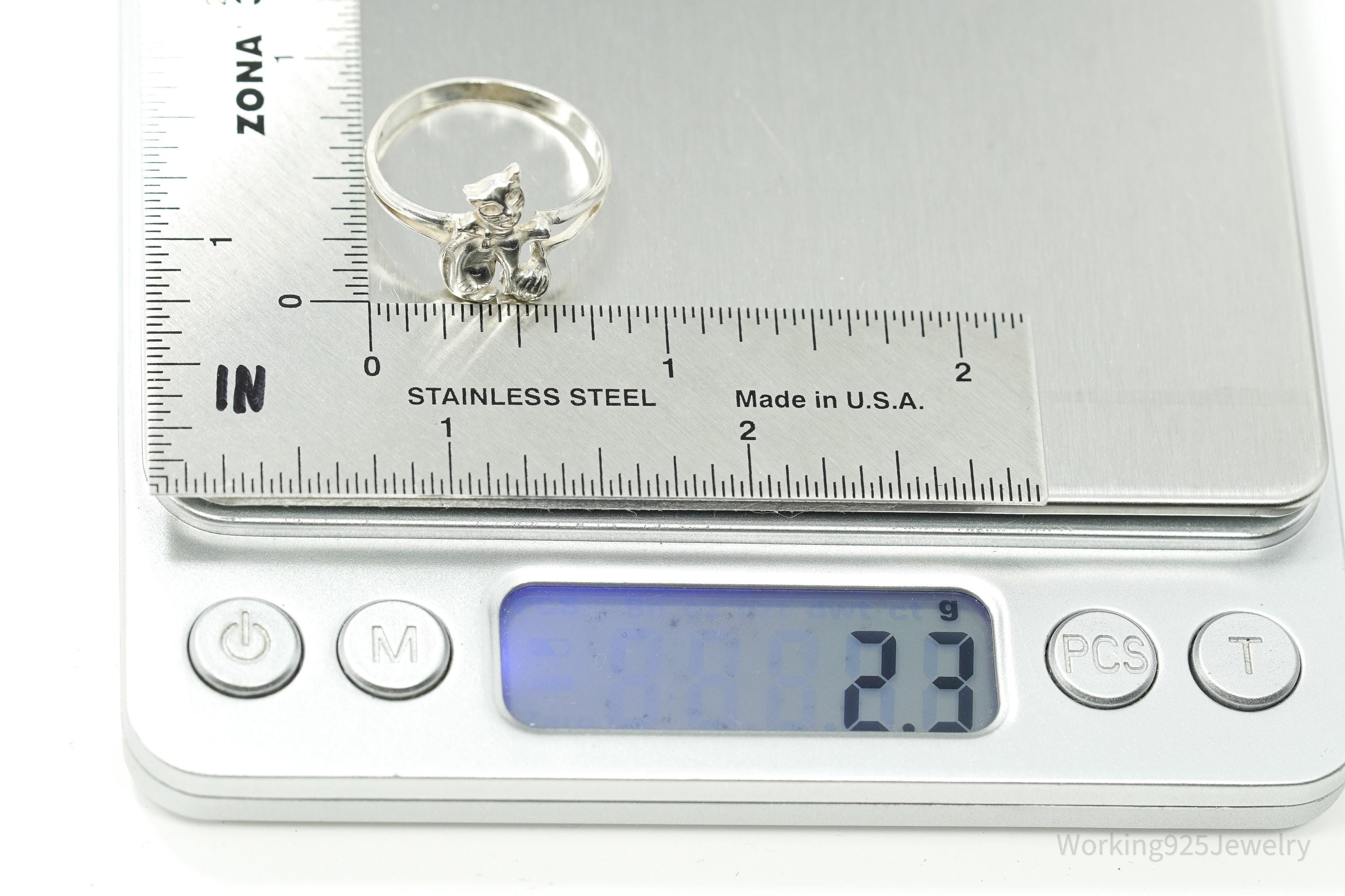 Vintage Cat & Yarn Sterling Silver Ring - Size 9.25