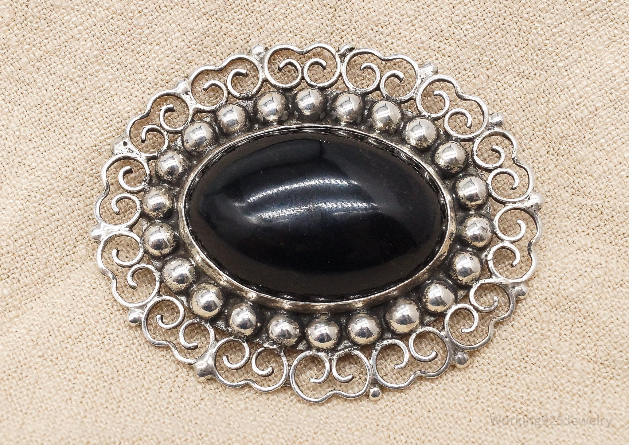 Vintage Large Mexico Modernist Black Onyx Sterling Silver Brooch Pin