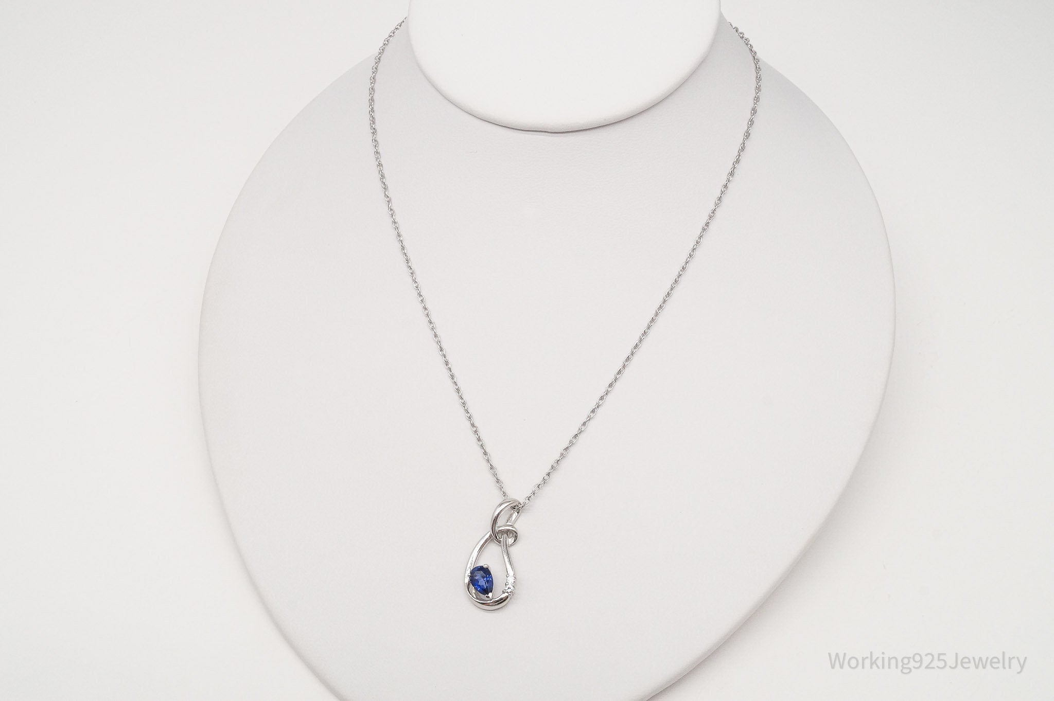 Vintage Blue & White Sapphire Sterling Silver Necklace 16"