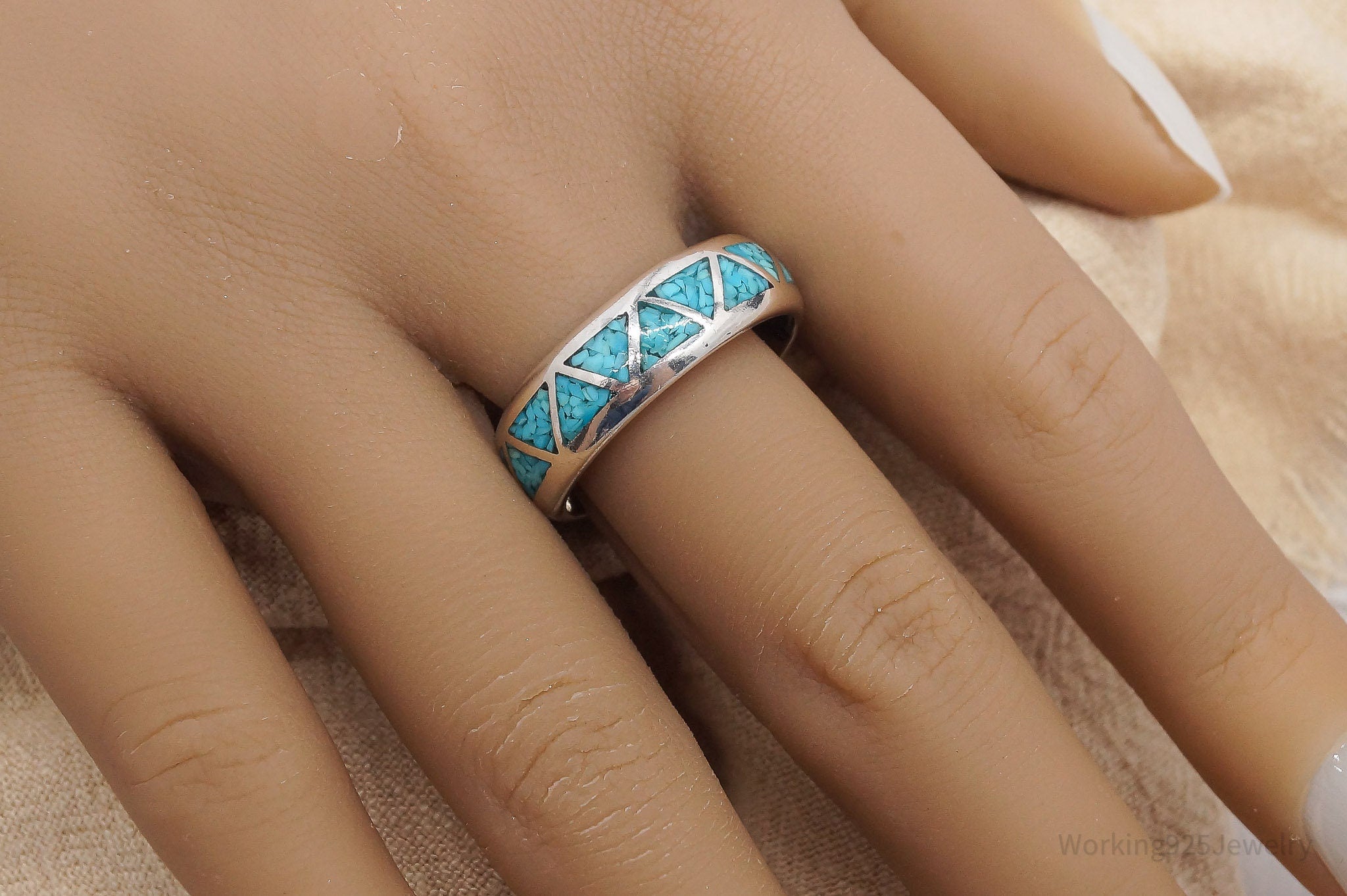 Vintage Native American Turquoise Inlay Sterling Silver Band Ring - Size 11.5