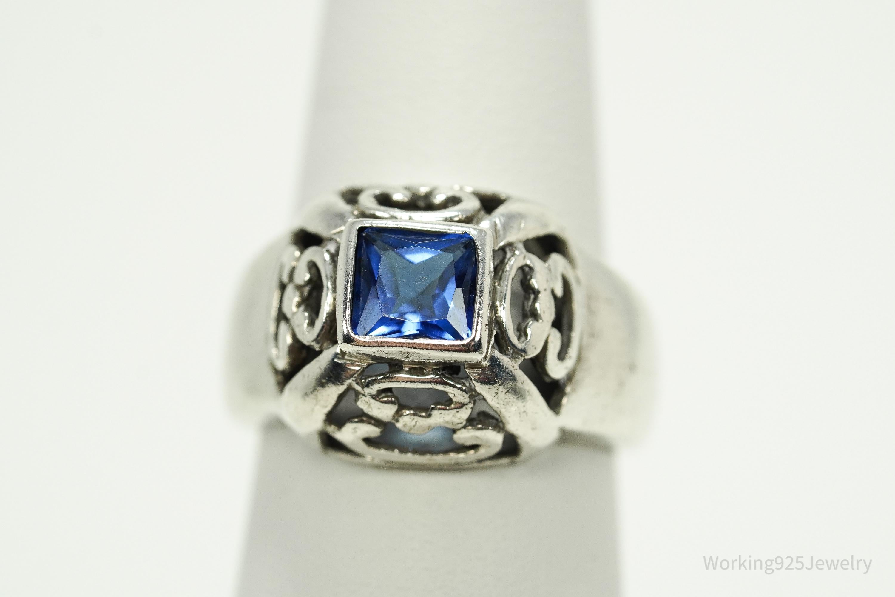 Vintage Blue Cubic Zirconia Sterling Silver Ring - Size 7.25
