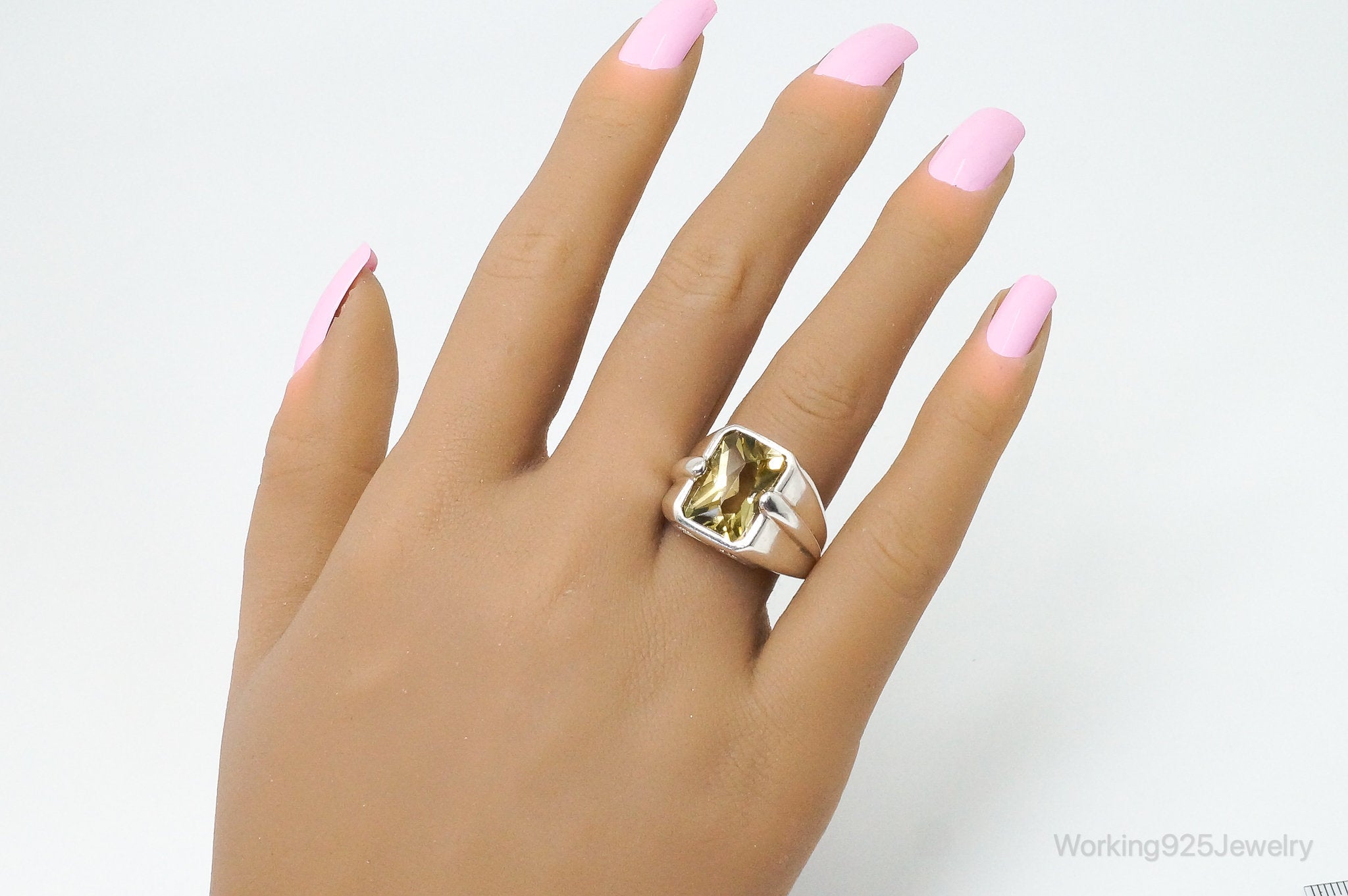 Vintage Art Deco Large Citrine Sterling Silver Ring - Size 8.5