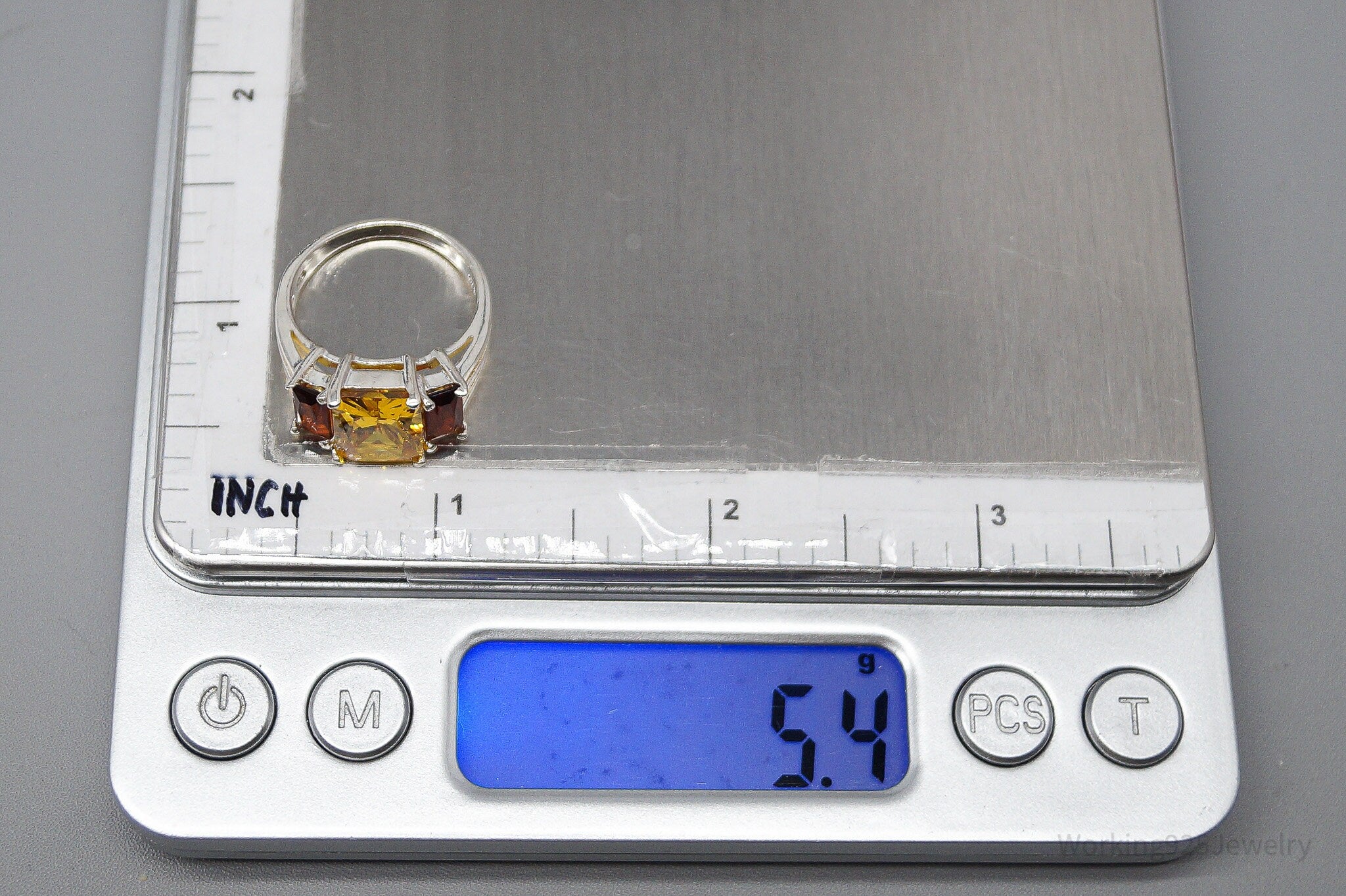 Vintage Large Yellow Tourmaline & Faux Amber Stone Sterling Silver Ring - Size 6.5