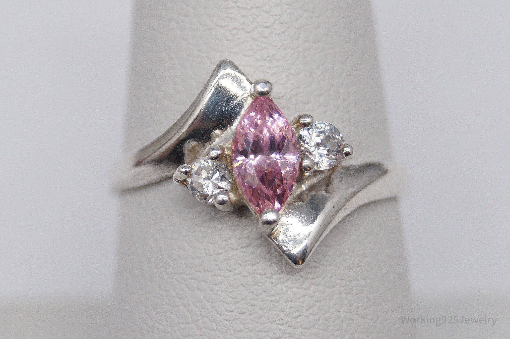 Vintage Pink & White Cubic Zirconia Sterling Silver Ring - Size 8